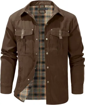 HYPESTFIT Men's Flannel Lined Shacket Jacket Plaid Brushed Lining Cowboy Western Twill Outdoor Shirt Jacket