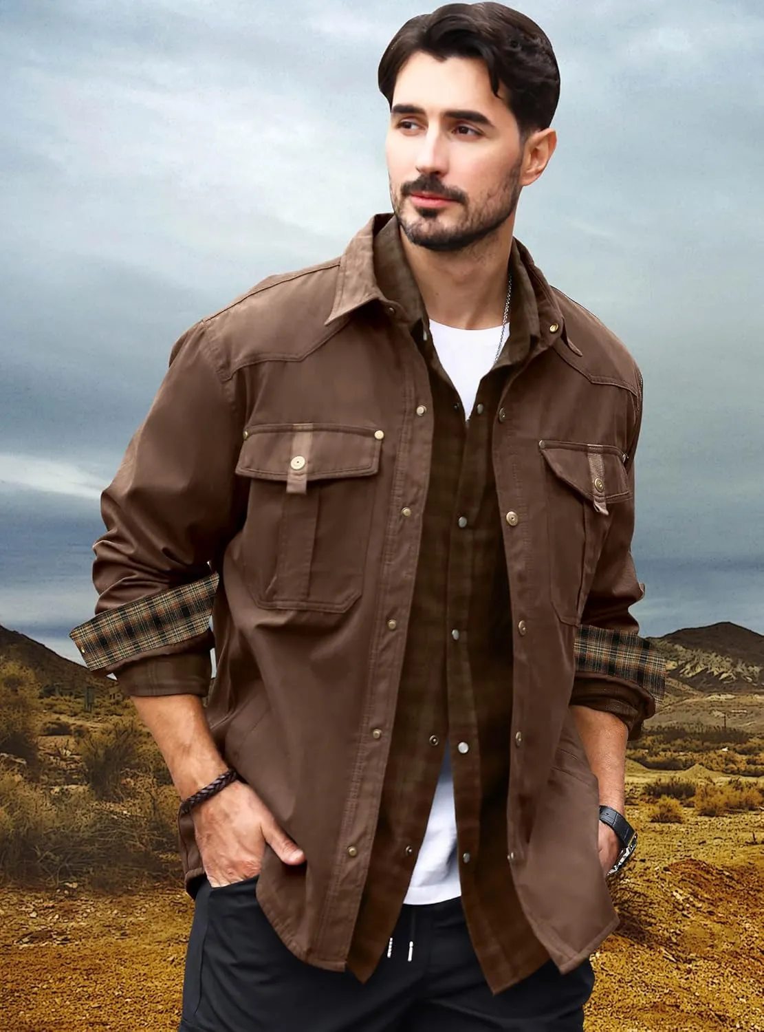 HYPESTFIT Men's Flannel Lined Shacket Jacket Plaid Brushed Lining Cowboy Western Twill Outdoor Shirt Jacket
