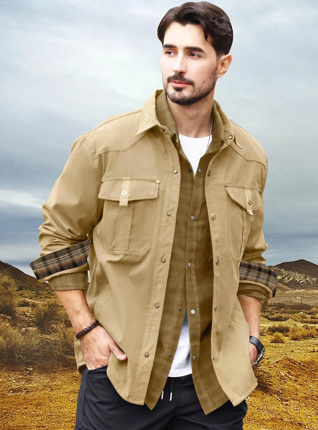 HYPESTFIT Men's Flannel Lined Shacket Jacket Plaid Brushed Lining Cowboy Western Twill Outdoor Shirt Jacket