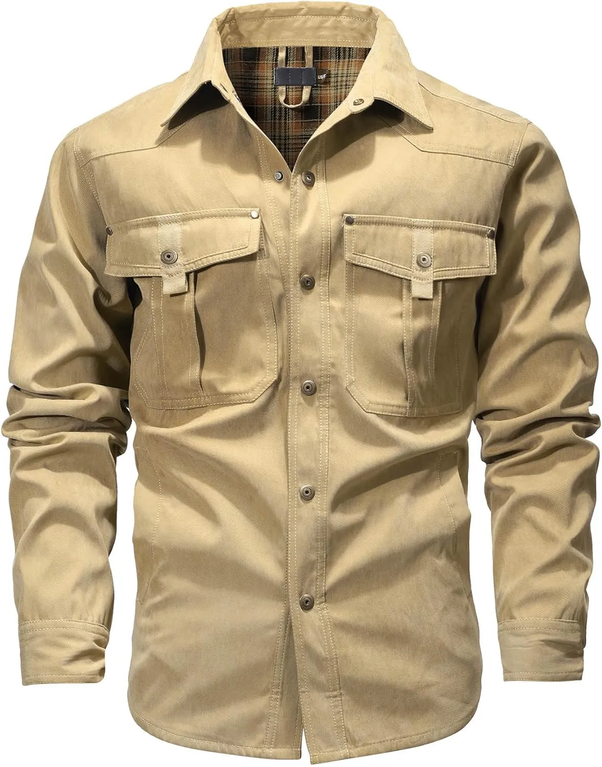 HYPESTFIT Men's Flannel Lined Shacket Jacket Plaid Brushed Lining Cowboy Western Twill Outdoor Shirt Jacket