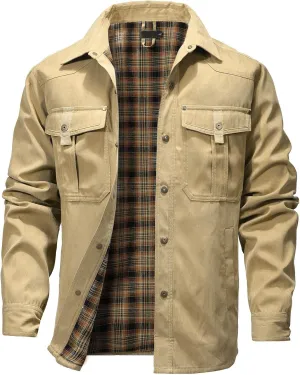 HYPESTFIT Men's Flannel Lined Shacket Jacket Plaid Brushed Lining Cowboy Western Twill Outdoor Shirt Jacket