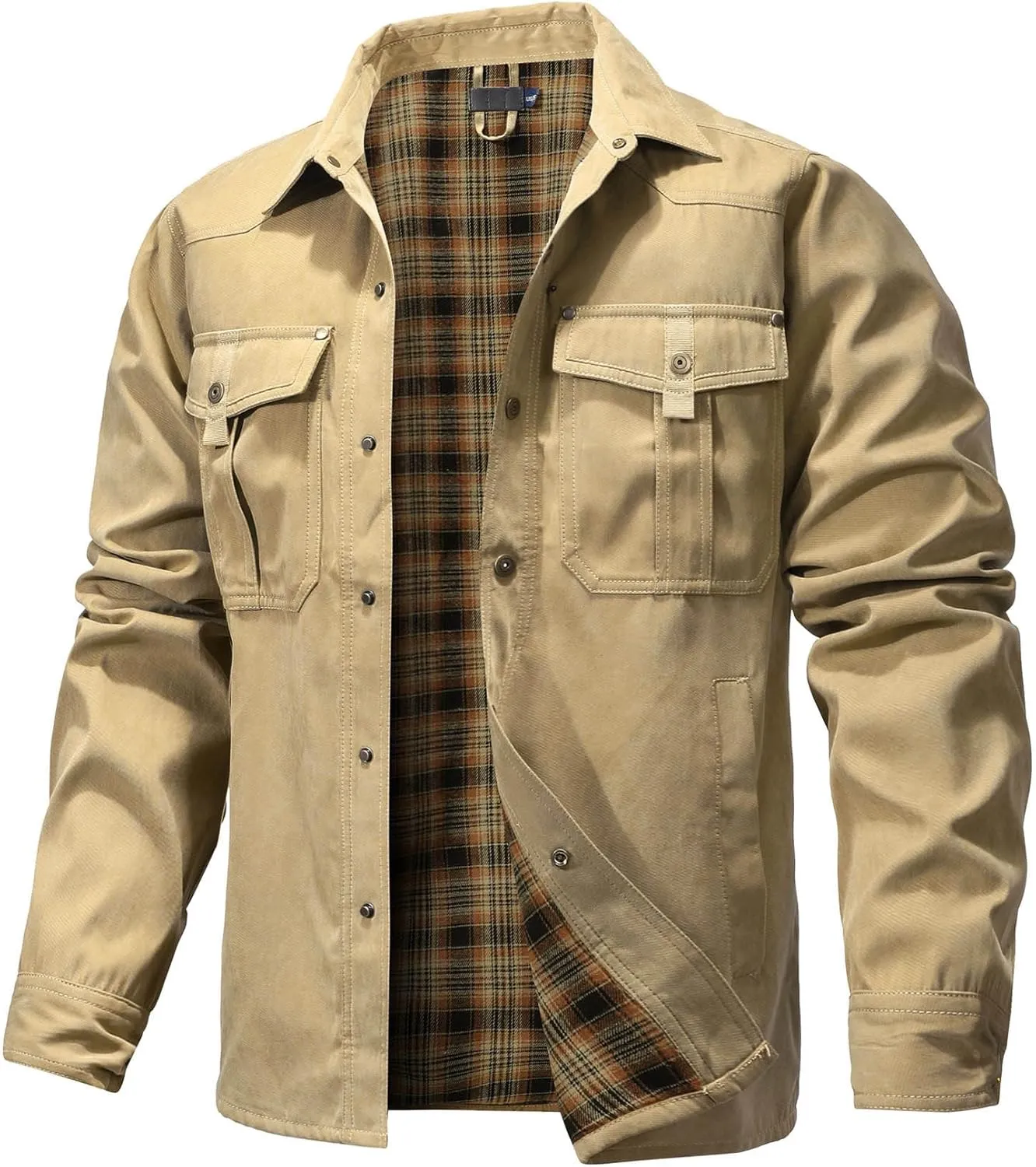 HYPESTFIT Men's Flannel Lined Shacket Jacket Plaid Brushed Lining Cowboy Western Twill Outdoor Shirt Jacket
