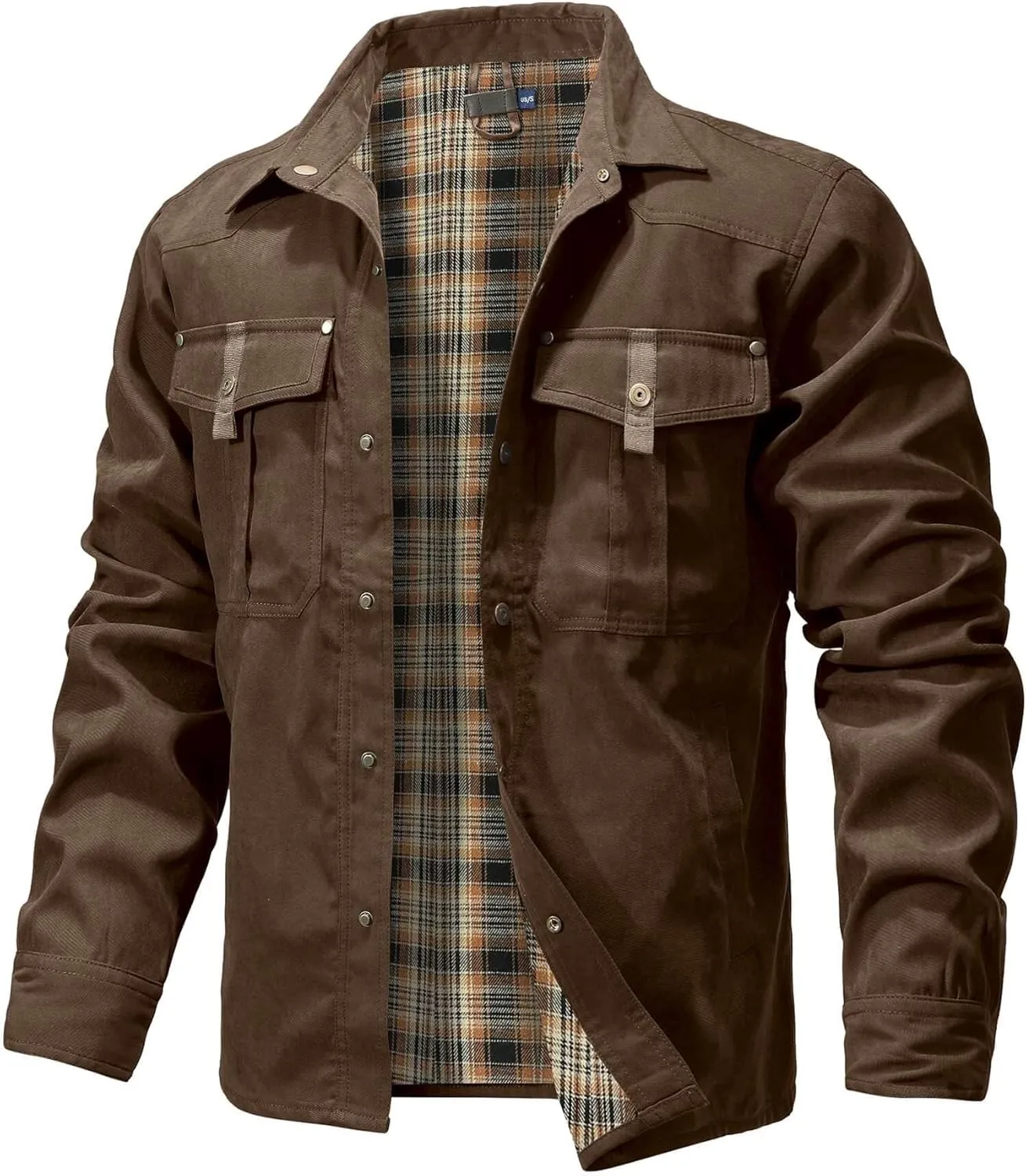 HYPESTFIT Men's Flannel Lined Shacket Jacket Plaid Brushed Lining Cowboy Western Twill Outdoor Shirt Jacket