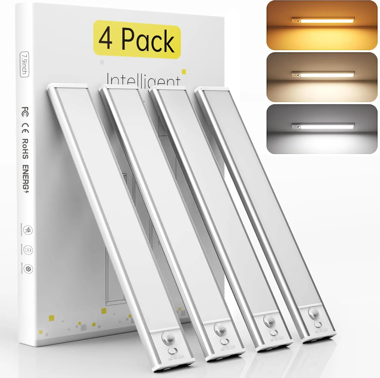 hyrion Under Cabinet Lights, Dimmable LED Rechargeable 1000mAh, Motion Sensor Light with 3 Color Temps, Magnetic Wireless Closet Lighting for Kitchen Cabinets, Stairs, Wardrobe (Battery Operated)