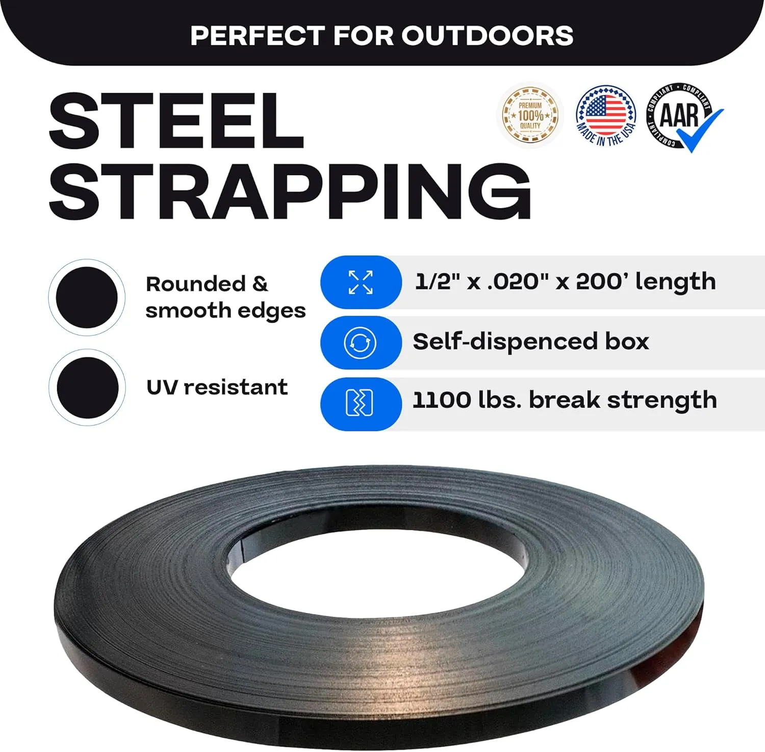 IDL Packaging 1/2" x .020" x 200' Steel Strapping Coil (1100 Lbs Break Strength) in Self-Dispensed Сardboard Box - Portable Strong Banding with Superior Cut-Resistance - Heavy Pallet Strapping