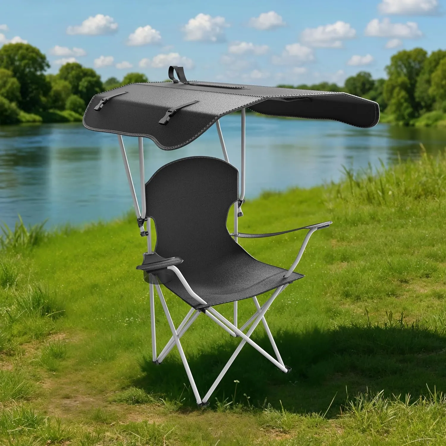 InfiniPower Simple Deluxe Beach Chair with Umbrella - Portable Camping Chair with Canopy, 35" Sun Shade, Heavy Duty 600D Fabric, X-Frame Design for Outdoor Sports Activities & Fishing