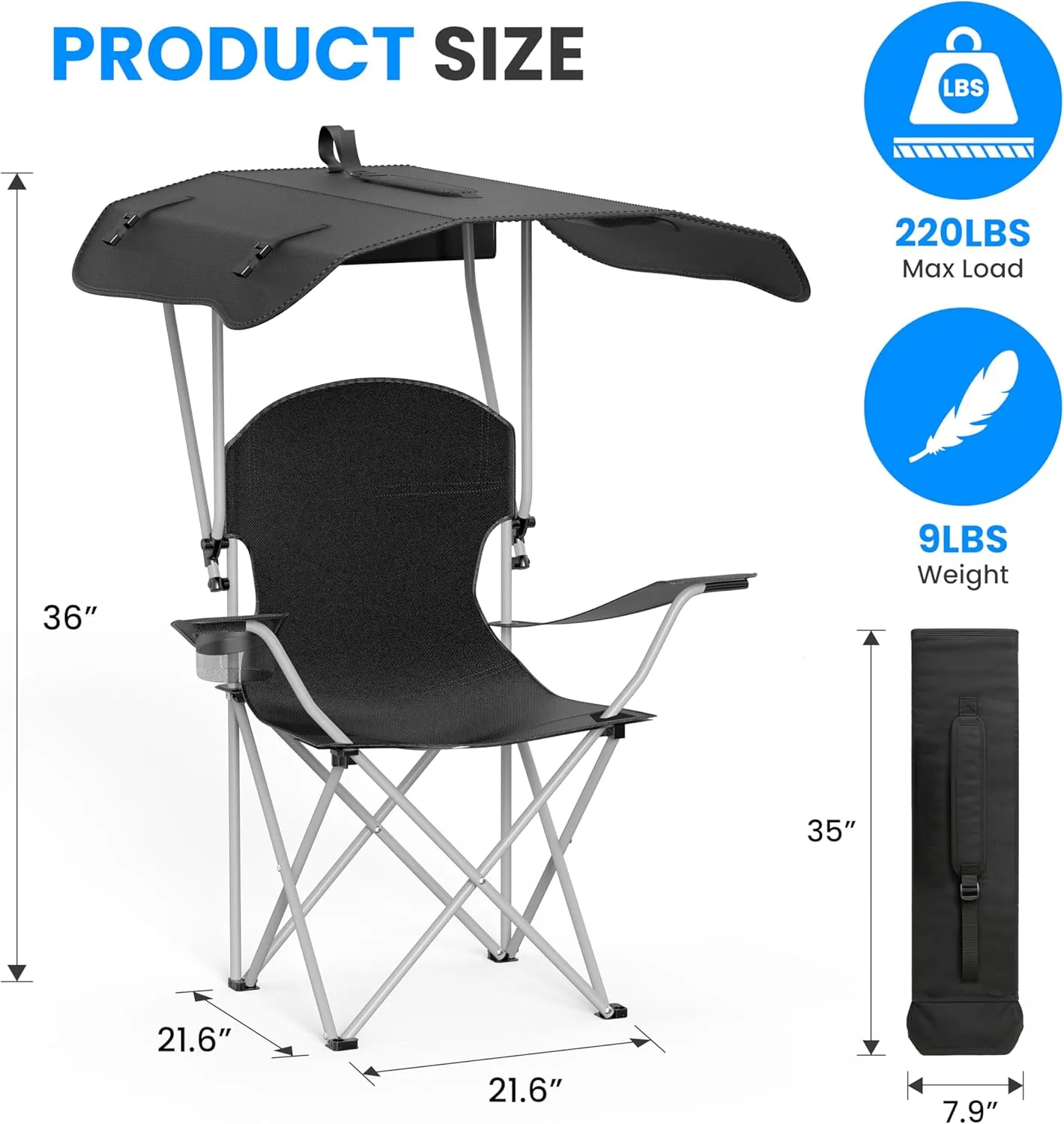 InfiniPower Simple Deluxe Beach Chair with Umbrella - Portable Camping Chair with Canopy, 35" Sun Shade, Heavy Duty 600D Fabric, X-Frame Design for Outdoor Sports Activities & Fishing
