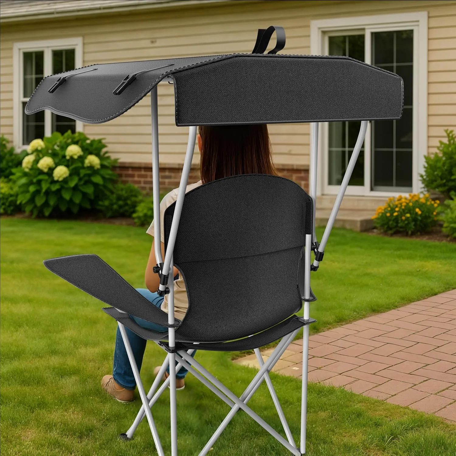 InfiniPower Simple Deluxe Beach Chair with Umbrella - Portable Camping Chair with Canopy, 35" Sun Shade, Heavy Duty 600D Fabric, X-Frame Design for Outdoor Sports Activities & Fishing