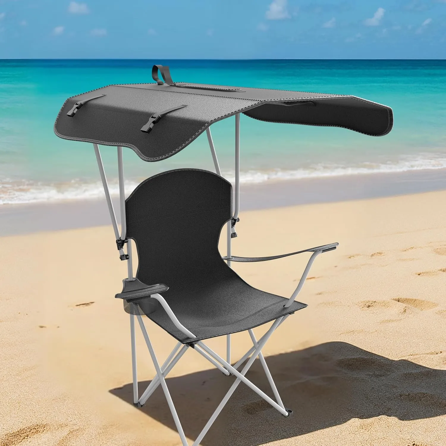 InfiniPower Simple Deluxe Beach Chair with Umbrella - Portable Camping Chair with Canopy, 35" Sun Shade, Heavy Duty 600D Fabric, X-Frame Design for Outdoor Sports Activities & Fishing