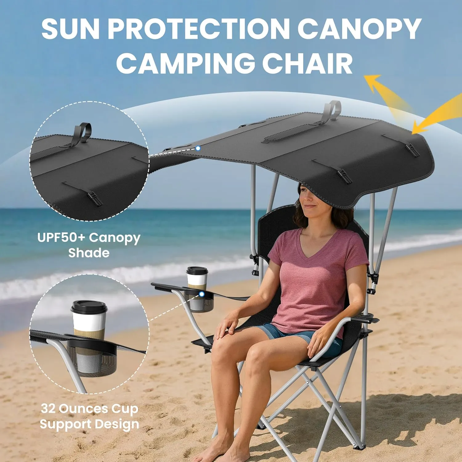 InfiniPower Simple Deluxe Beach Chair with Umbrella - Portable Camping Chair with Canopy, 35" Sun Shade, Heavy Duty 600D Fabric, X-Frame Design for Outdoor Sports Activities & Fishing