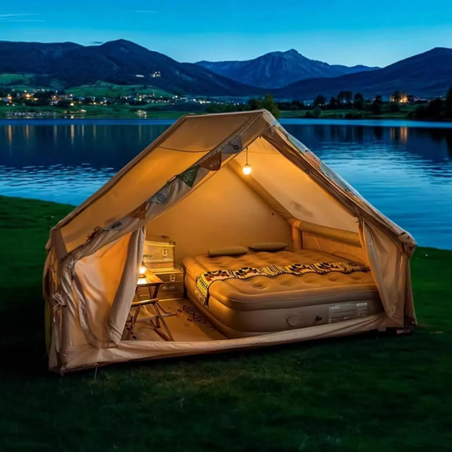 Inflatable Camping Tent, 2-4 Person Family Tent with Skylights, Pump and Relief Valve, 4 Season Waterproof Oxford Cloth, Easy Setup, Panorama Gate, Sport Tent for Camping, Picnics(8 Square metre)