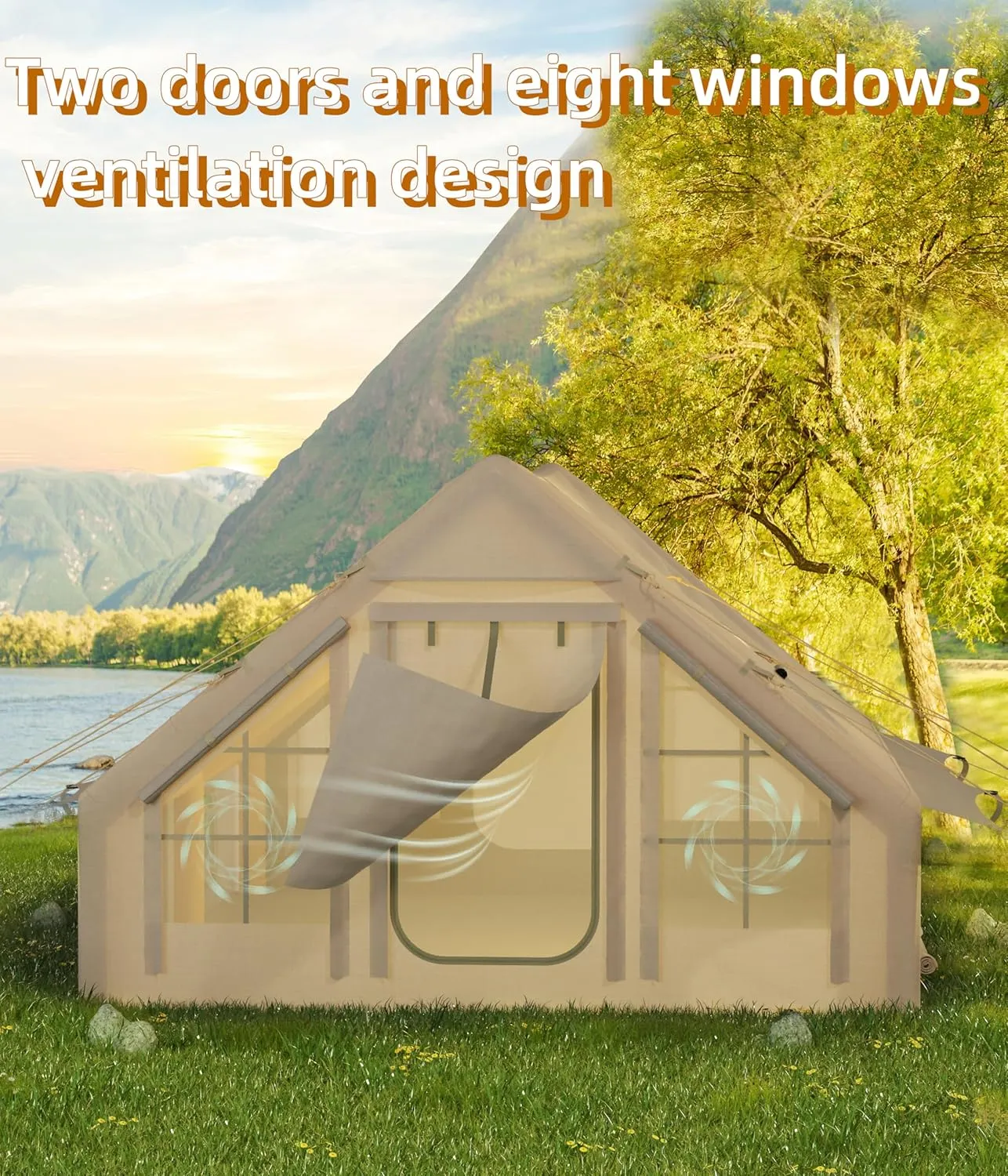 Inflatable Camping Tent with Pump, Luxury Camping Tent, Easy to Set Up, 4-Season Waterproof and Windproof Outdoor Gazebos, Luxury Cabin Tent with Two Doors and Six Windows.