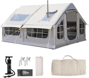 Inflatable Tent with Air Pump and Stove Jack/Chimney Opening, Portable Outdoor 4 Season Cabin Tent, Large Blow Up Tents, One Piece Inflatable Tents for Camping Easy Setup