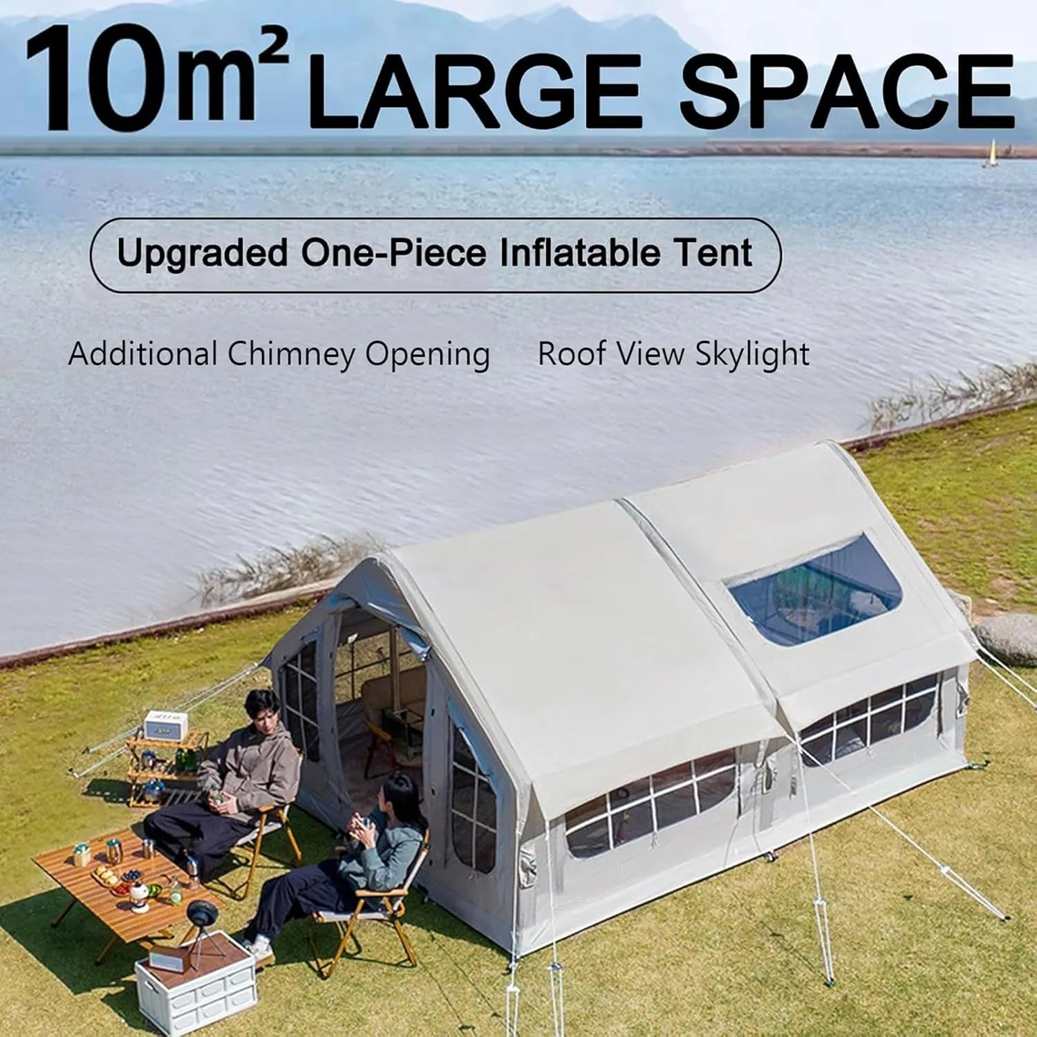 Inflatable Tent with Air Pump and Stove Jack/Chimney Opening, Portable Outdoor 4 Season Cabin Tent, Large Blow Up Tents, One Piece Inflatable Tents for Camping Easy Setup