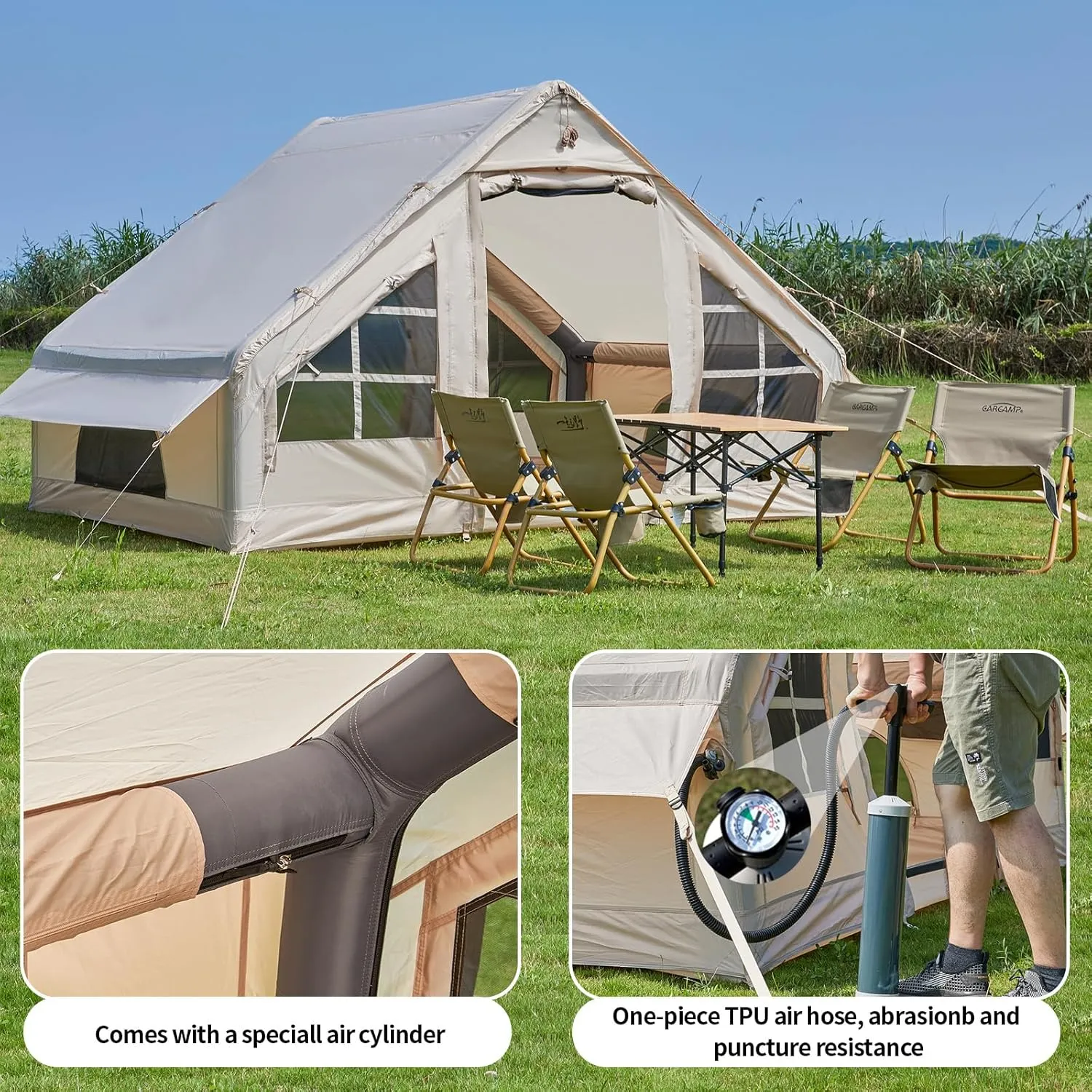 Inflatable Tent with Pump,4-6 Person Instant Glamping Camping Tents House, Easy Setup Blow Up Family Tents for 4 Seasons Waterproof Inflatable Tent for Camping with Mesh Windows.