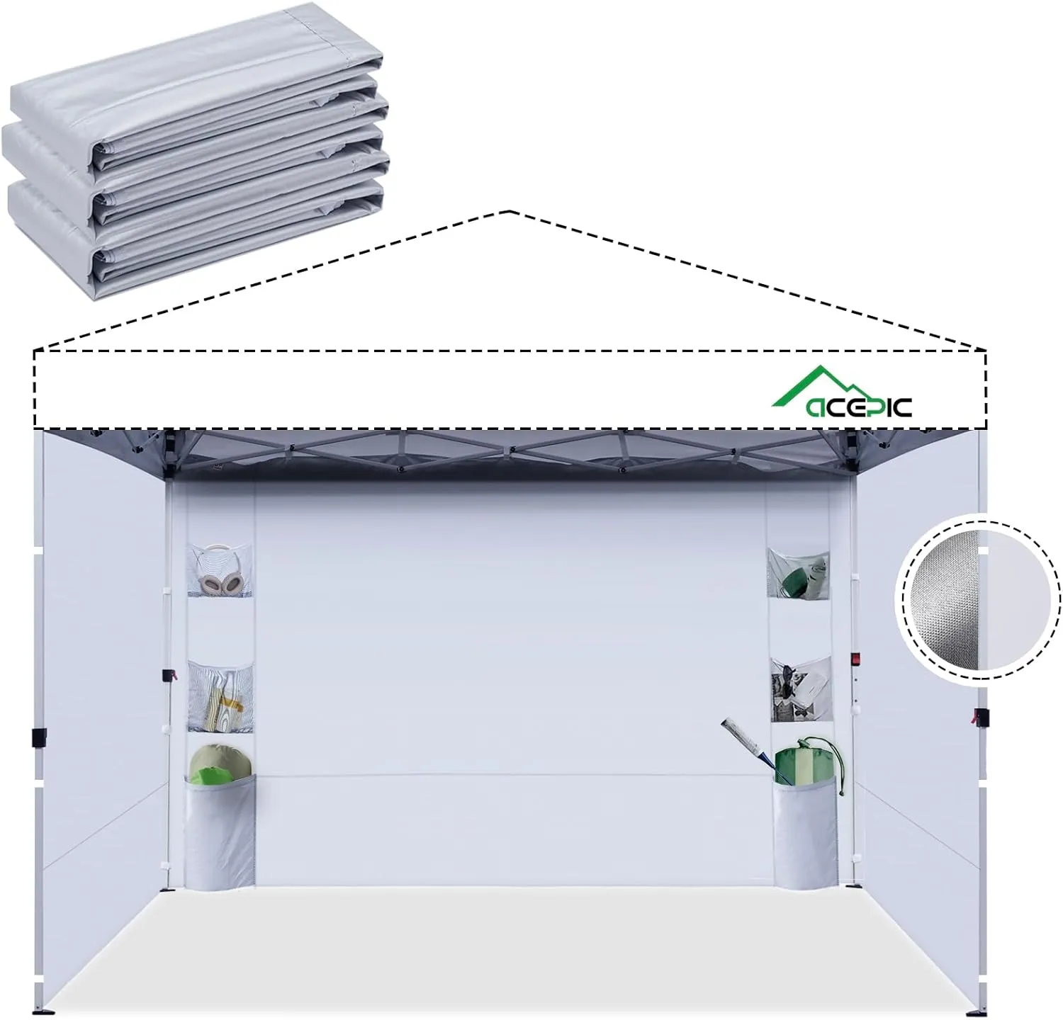 Instant Canopy Sidewalls 10x10 FT for Pop Up Canopy, Waterproof and UV Protection, 300D Polyester Canopy Walls with 6 Pockets, White/Silver(3PCS Sidewall Only, Canopy Tent NOT Included)
