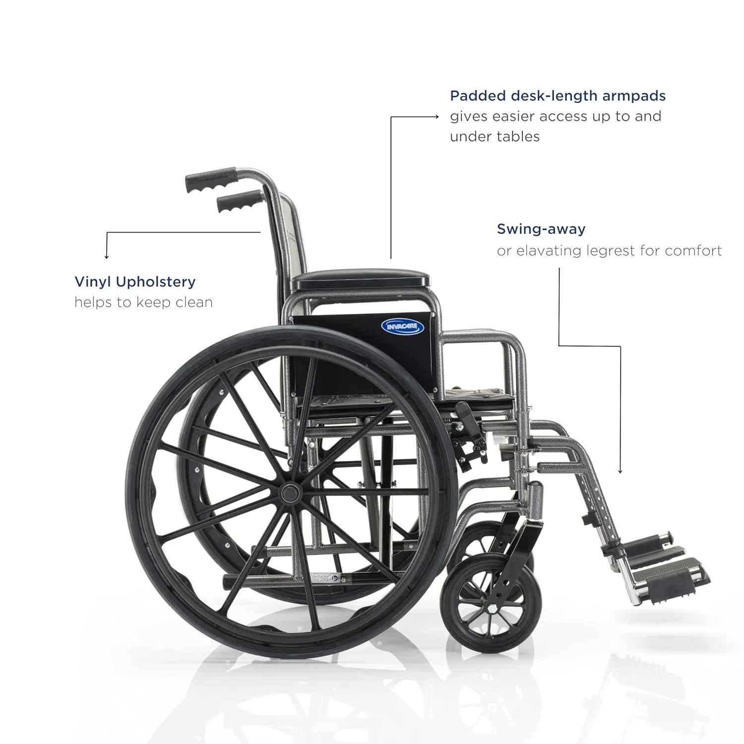 Invacare Essentials EX1 Manual Wheelchair, Folding Wheelchair w/Swing Away Footrest, L-Shaped Desk Length Arm, & Wheel Lock, 18” Width, 265 lb Weight Capacity, Fully Assembled