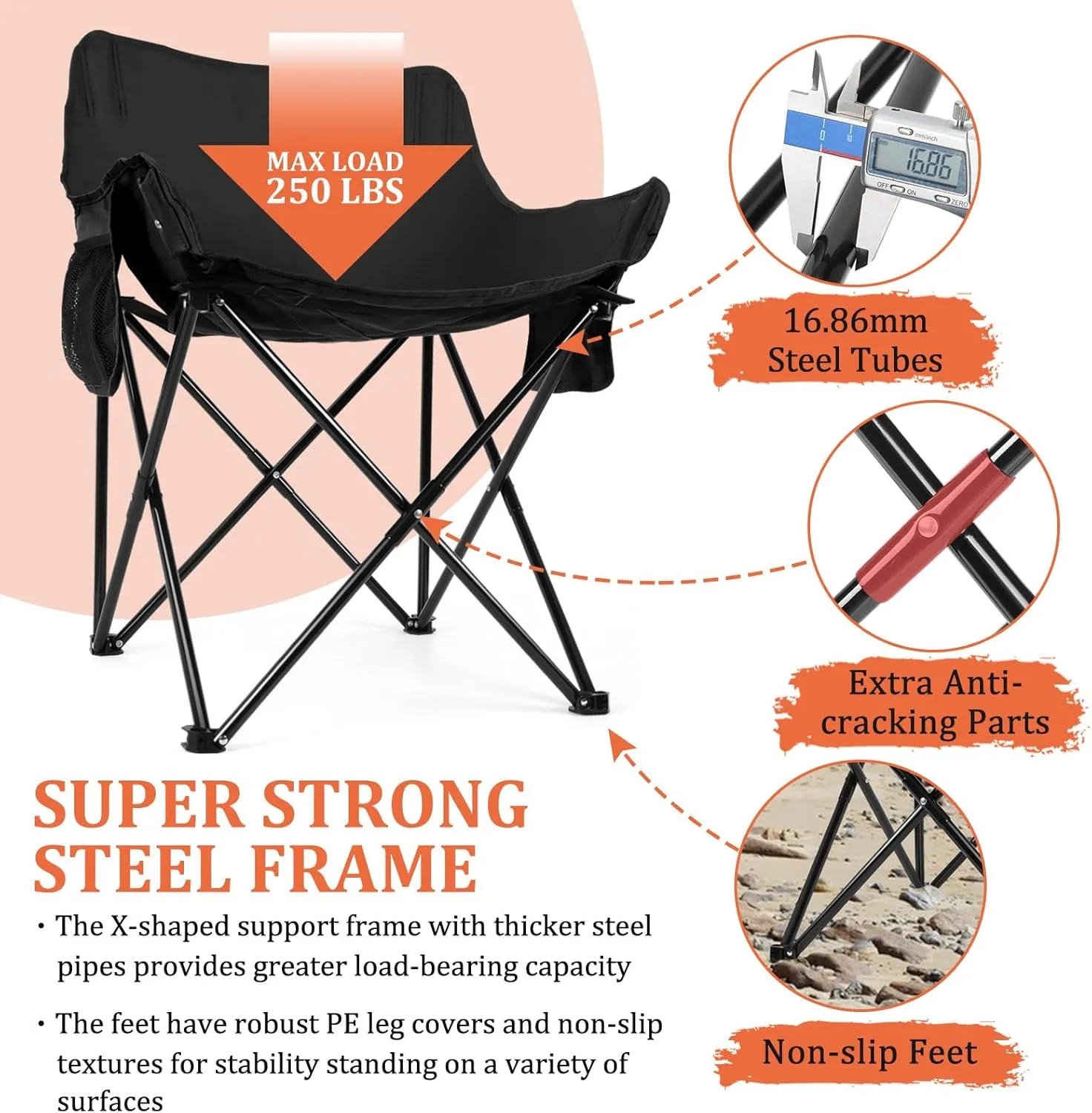 Joyfair Outdoor Camping Chair for Adult, Large Portable Folding Moon Chairs with Carry Bag for Patio Beach, Fishing, Lawn and More Outdoor Sports, 600D Oxford Fabric & Heavy Duty Steel (1, Black)