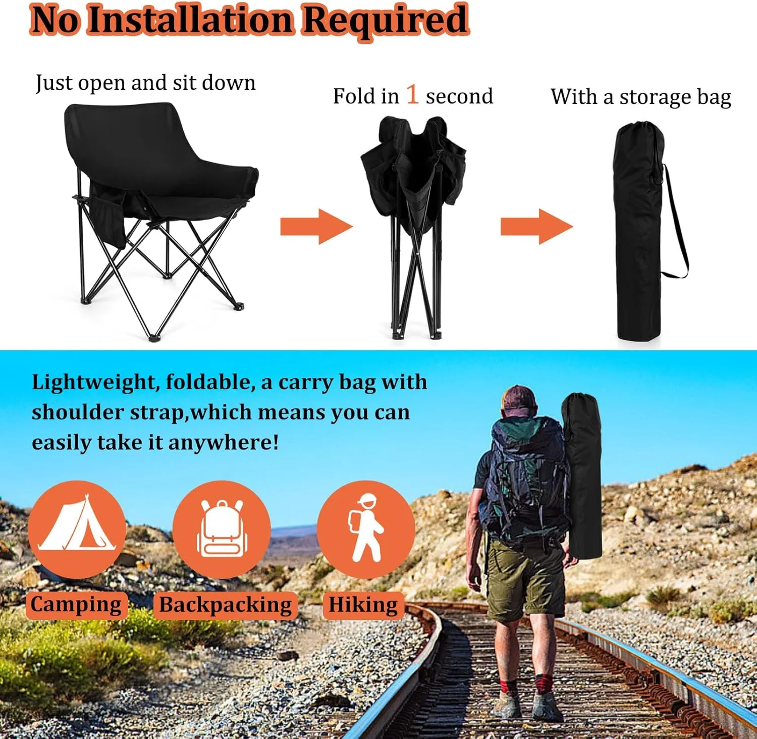 Joyfair Outdoor Camping Chair for Adult, Large Portable Folding Moon Chairs with Carry Bag for Patio Beach, Fishing, Lawn and More Outdoor Sports, 600D Oxford Fabric & Heavy Duty Steel (1, Black)