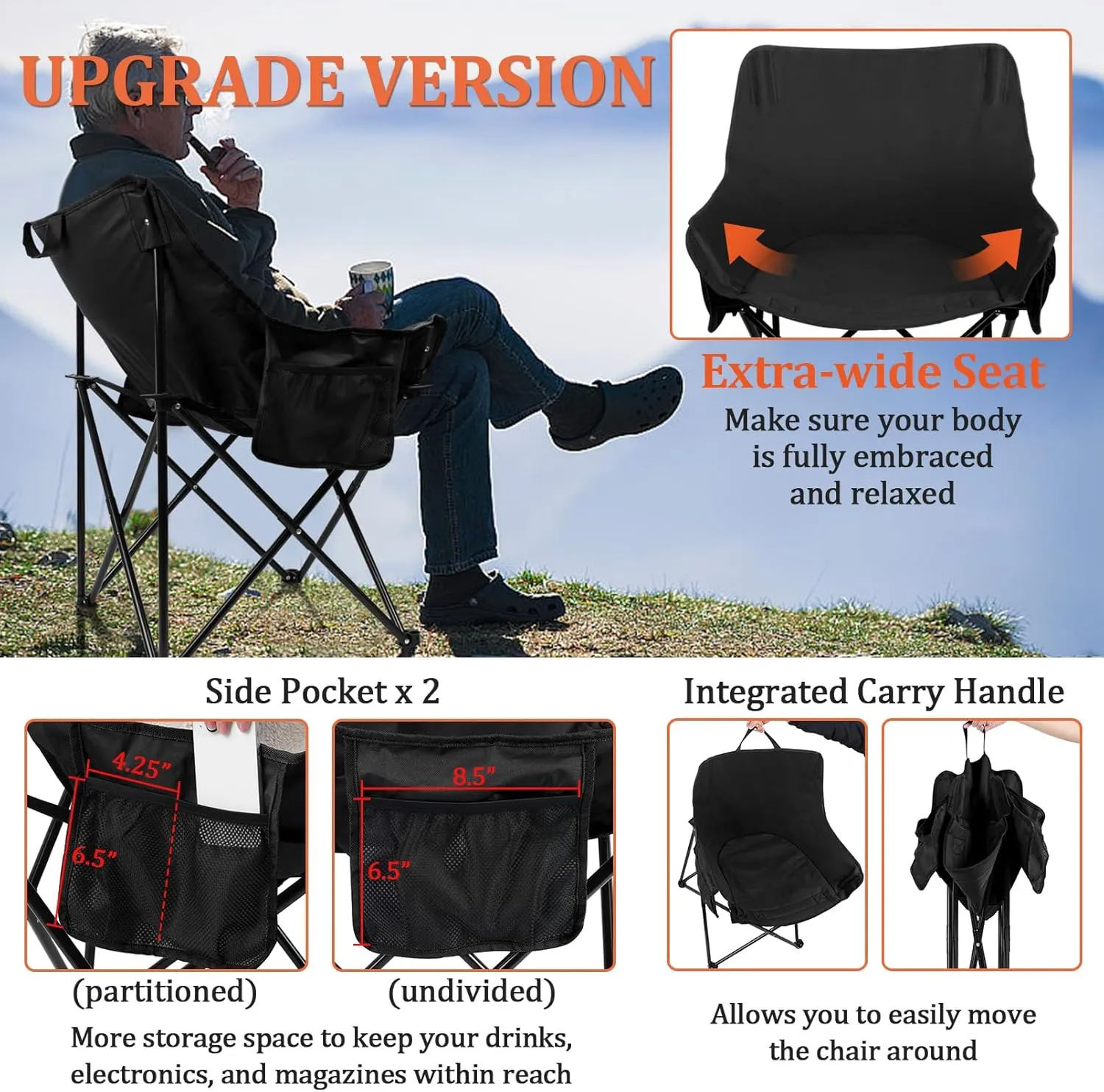 Joyfair Outdoor Camping Chair for Adult, Large Portable Folding Moon Chairs with Carry Bag for Patio Beach, Fishing, Lawn and More Outdoor Sports, 600D Oxford Fabric & Heavy Duty Steel (1, Black)