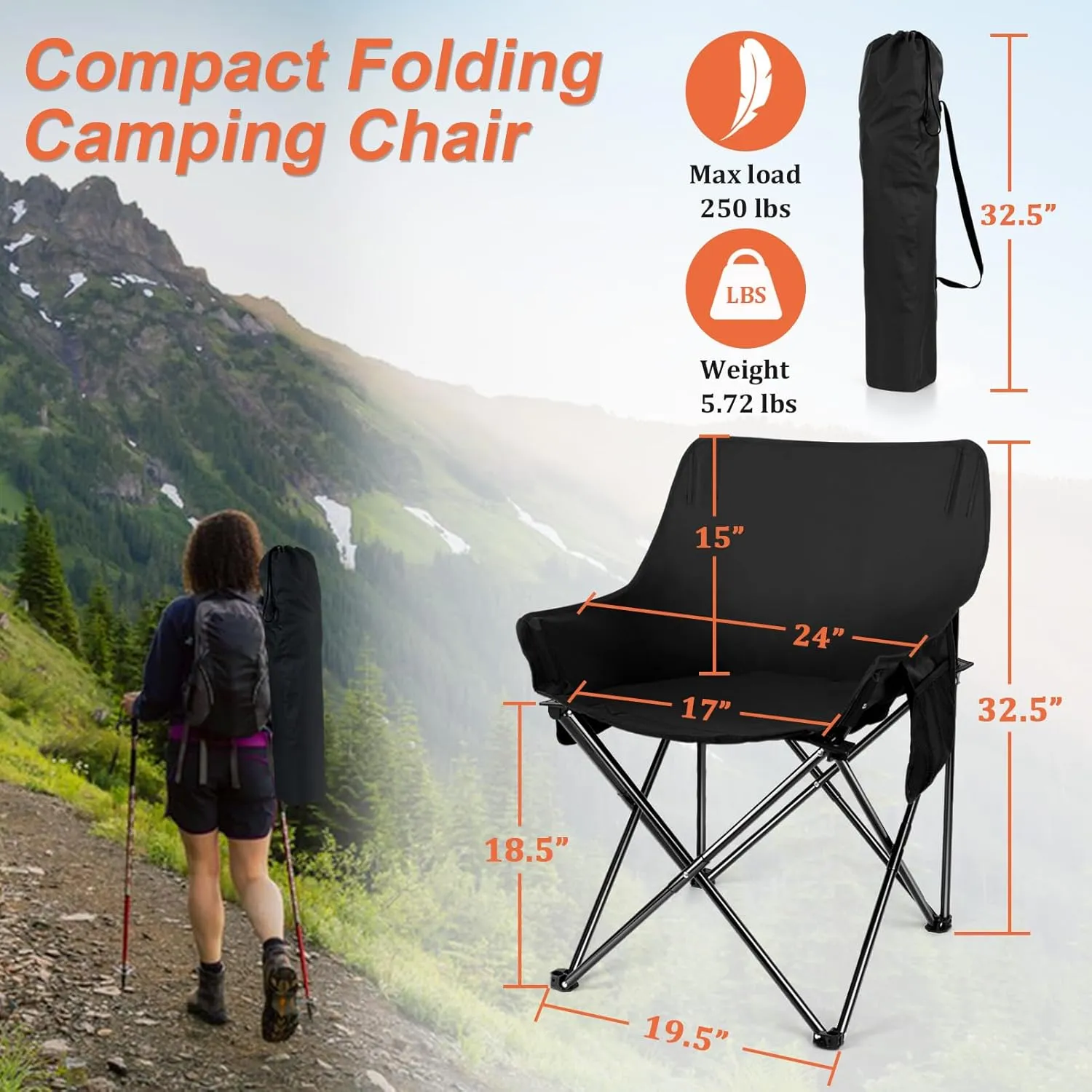 Joyfair Outdoor Camping Chair for Adult, Large Portable Folding Moon Chairs with Carry Bag for Patio Beach, Fishing, Lawn and More Outdoor Sports, 600D Oxford Fabric & Heavy Duty Steel (1, Black)