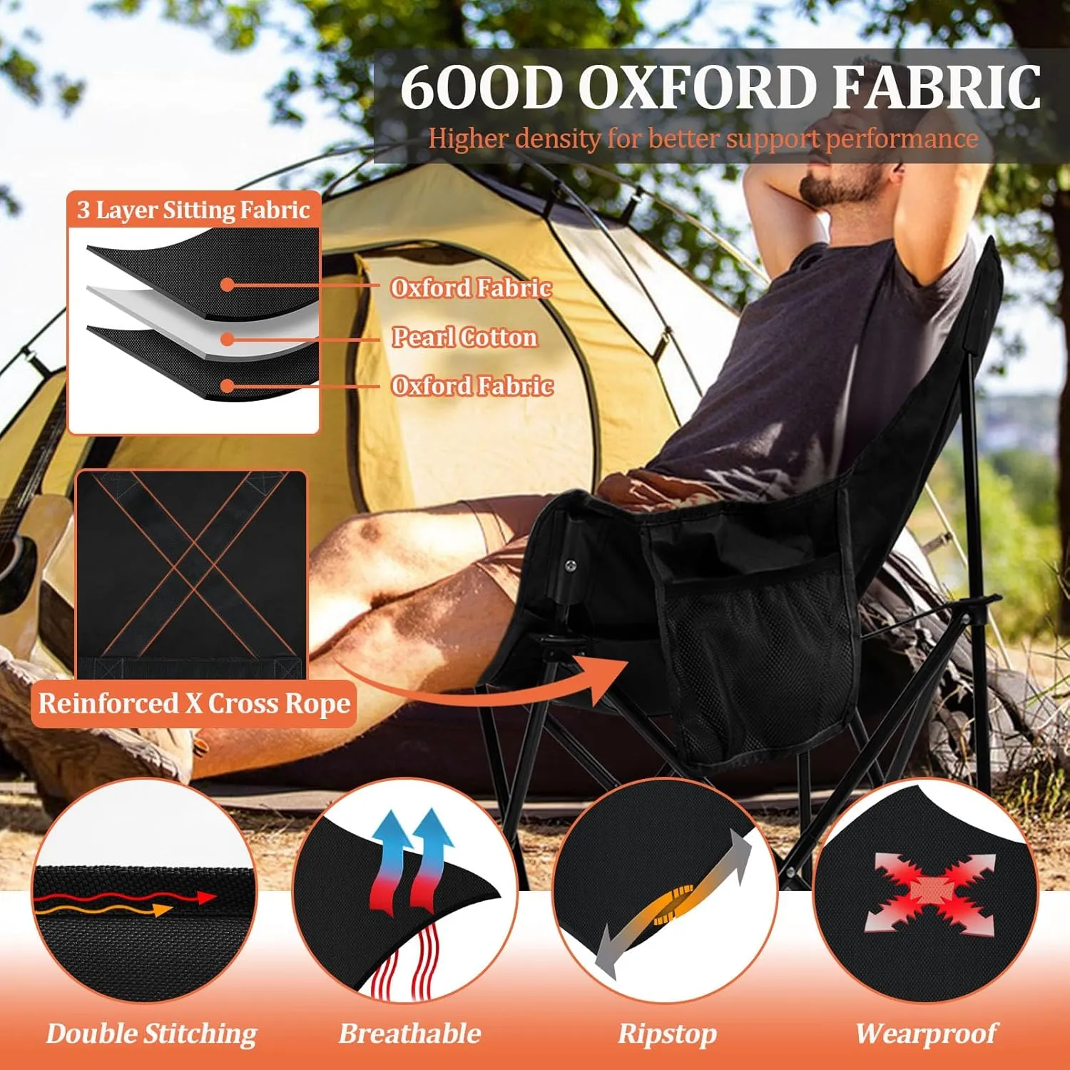 Joyfair Outdoor Camping Chair for Adult, Large Portable Folding Moon Chairs with Carry Bag for Patio Beach, Fishing, Lawn and More Outdoor Sports, 600D Oxford Fabric & Heavy Duty Steel (1, Black)