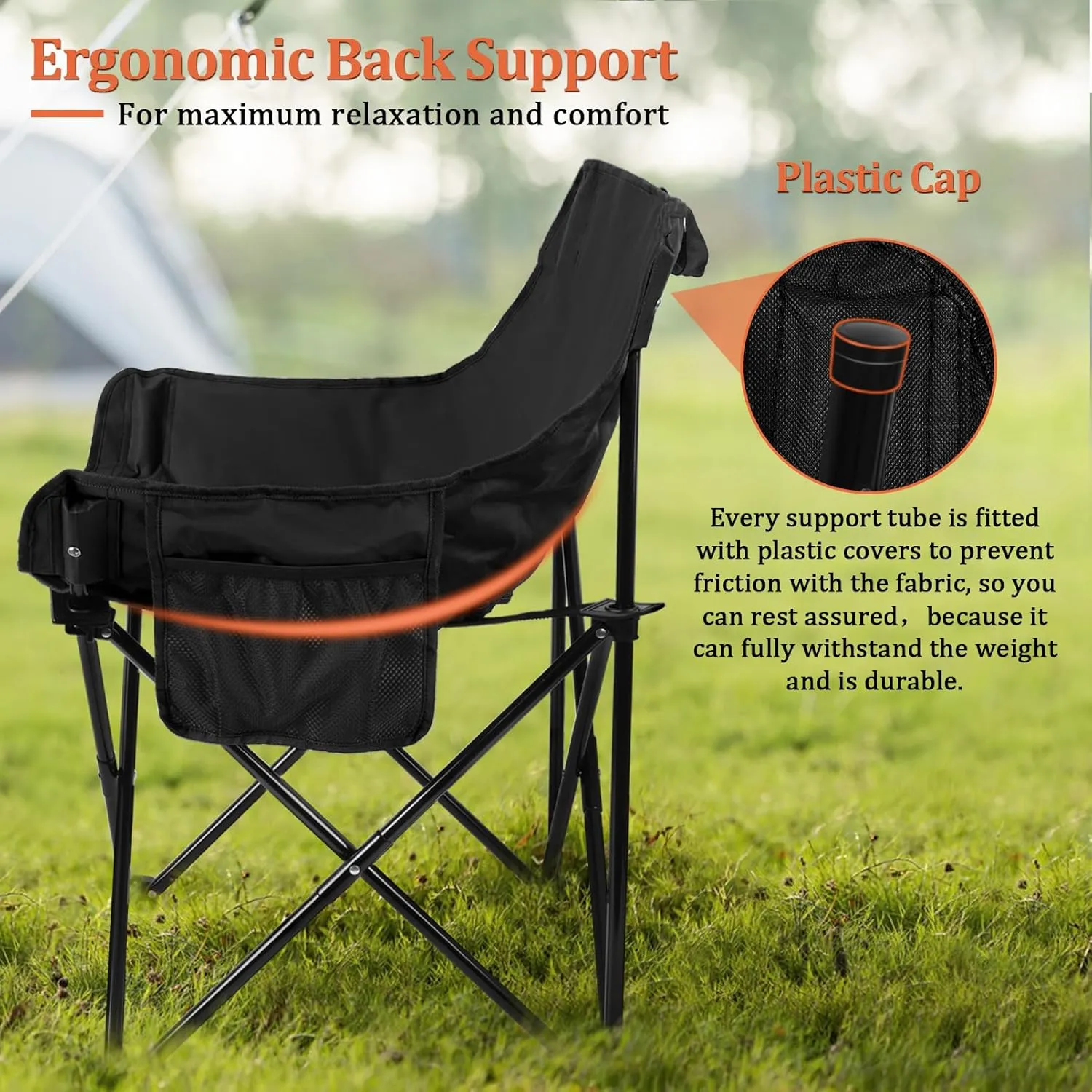 Joyfair Outdoor Camping Chair for Adult, Large Portable Folding Moon Chairs with Carry Bag for Patio Beach, Fishing, Lawn and More Outdoor Sports, 600D Oxford Fabric & Heavy Duty Steel (1, Black)
