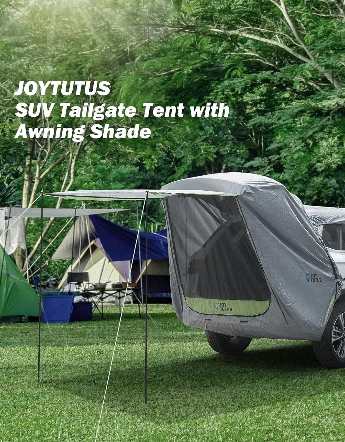 JOYTUTUS SUV Tailgate Tent with Awning Shade, Car Roof Canopy and Poles, Water Resistant Camping Tent, Outdoor Travel Preferred, Universal Fit Most SUV- Green