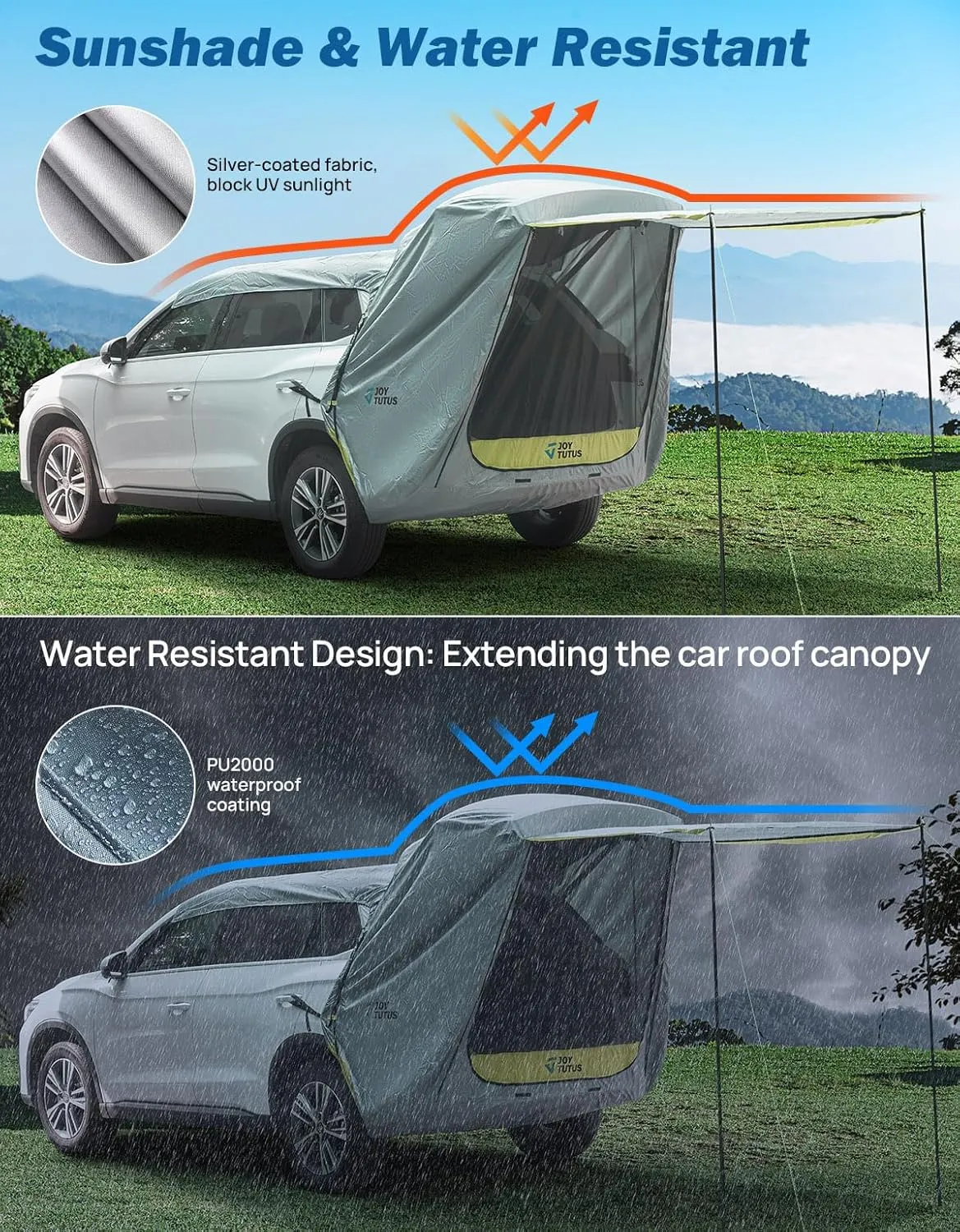 JOYTUTUS SUV Tailgate Tent with Awning Shade, Car Roof Canopy and Poles, Water Resistant Camping Tent, Outdoor Travel Preferred, Universal Fit Most SUV- Green