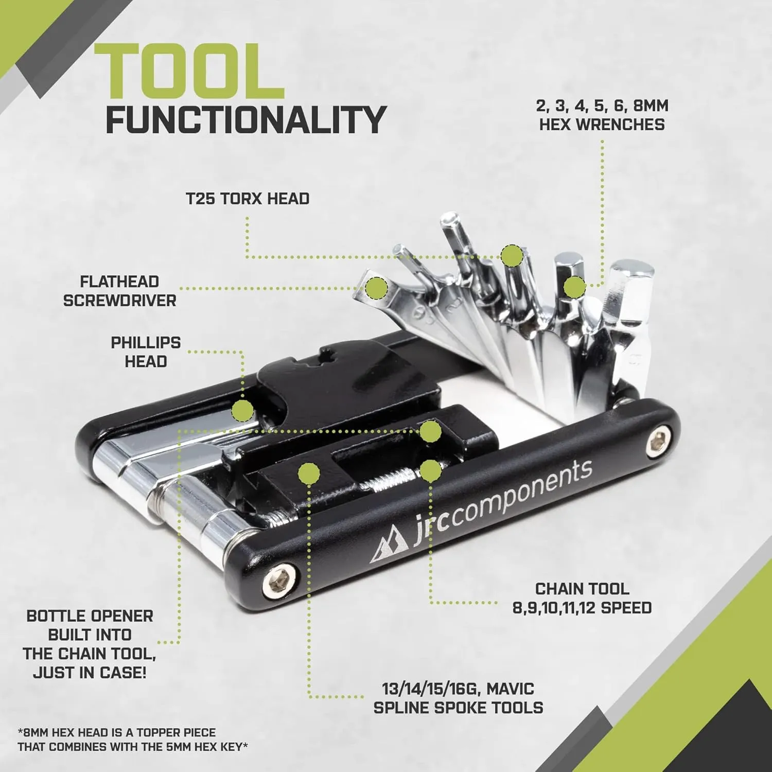 JRC Components 16 in 1 Polished Multi Tool | Chain Tool Compatible with 8,9,10,11 and 12 speed | Lightweight Road Bike MTB Multitool kit - Black