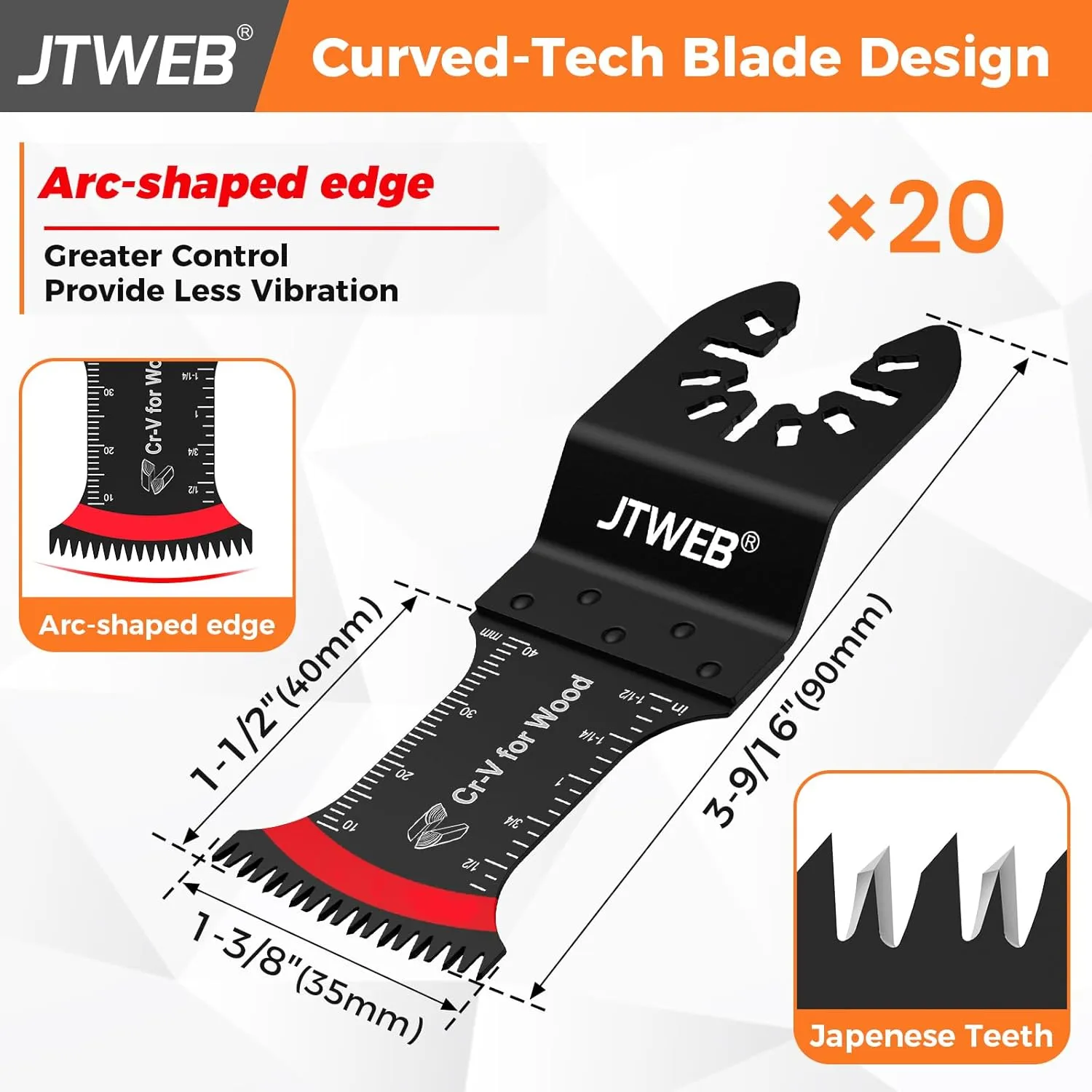 JTWEB Japanese Tooth Oscillating Saw Blades Wood, 20PCS Arc-Shaped Edge Multi Tool Blades for Wood, Plastic, Power Oscillating Tool Blade Multitool Blades Kits Sharpener Universal for Milwaukee