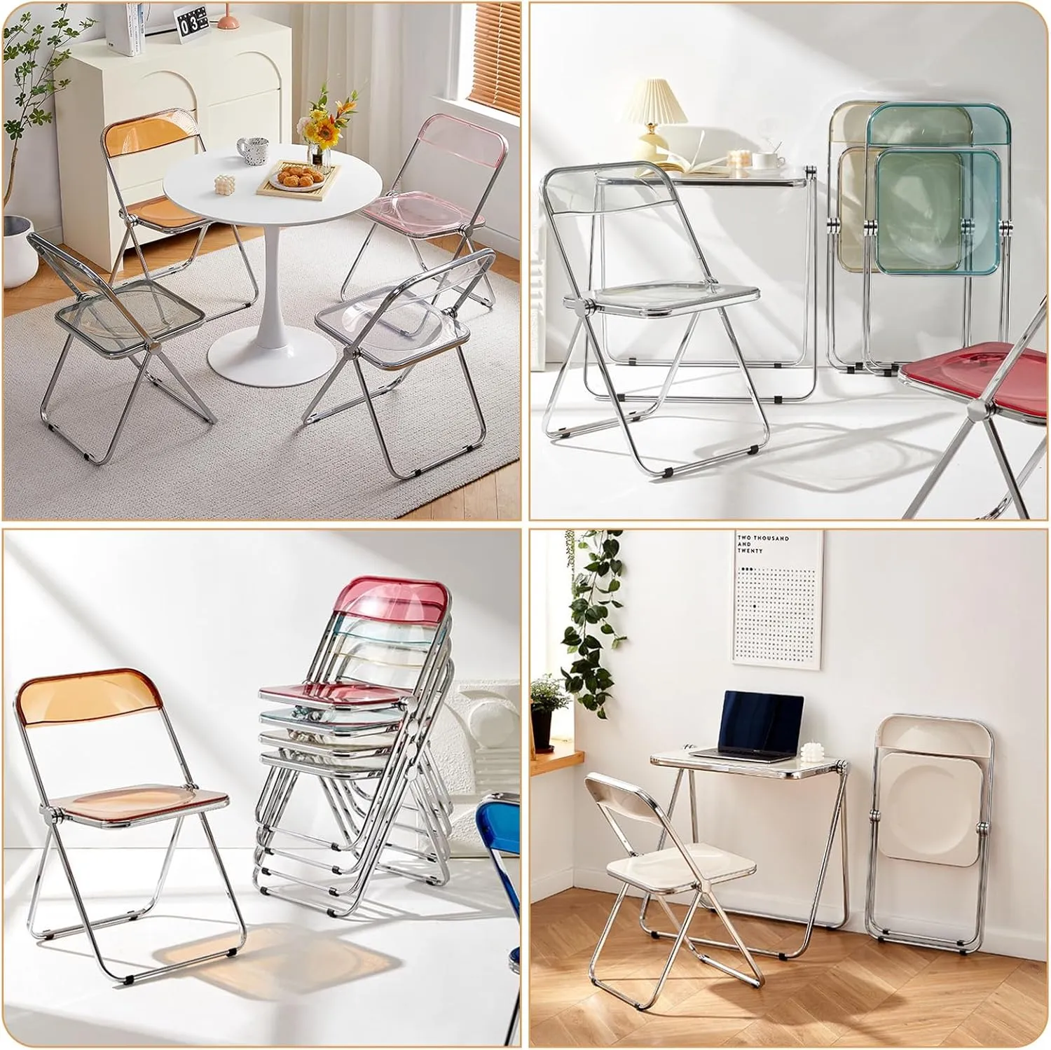 KAIHAOWIN Luxury Modern Acrylic Folding Chair-Ghost Stackable Crystal Folding Chair-PC Plastic Living Room Seat-Chrome Frame and Foldable Acrylic Chair for Outside Inside-Black.
