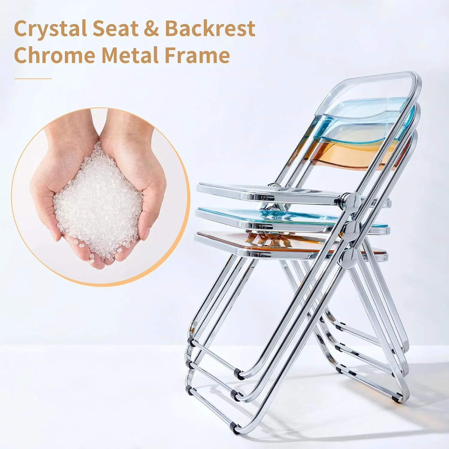 KAIHAOWIN Luxury Modern Acrylic Folding Chair-Ghost Stackable Crystal Folding Chair-PC Plastic Living Room Seat-Chrome Frame and Foldable Acrylic Chair for Outside Inside-Black.