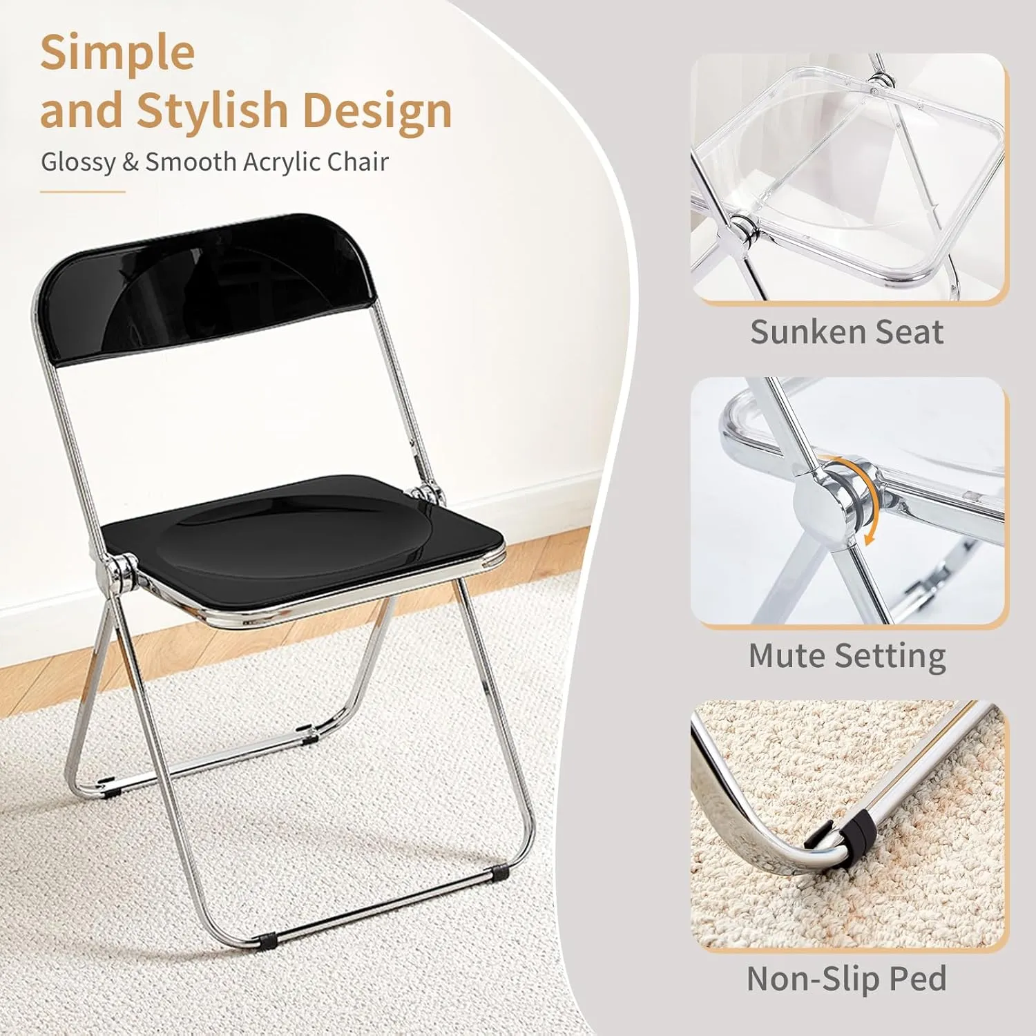 KAIHAOWIN Luxury Modern Acrylic Folding Chair-Ghost Stackable Crystal Folding Chair-PC Plastic Living Room Seat-Chrome Frame and Foldable Acrylic Chair for Outside Inside-Black.