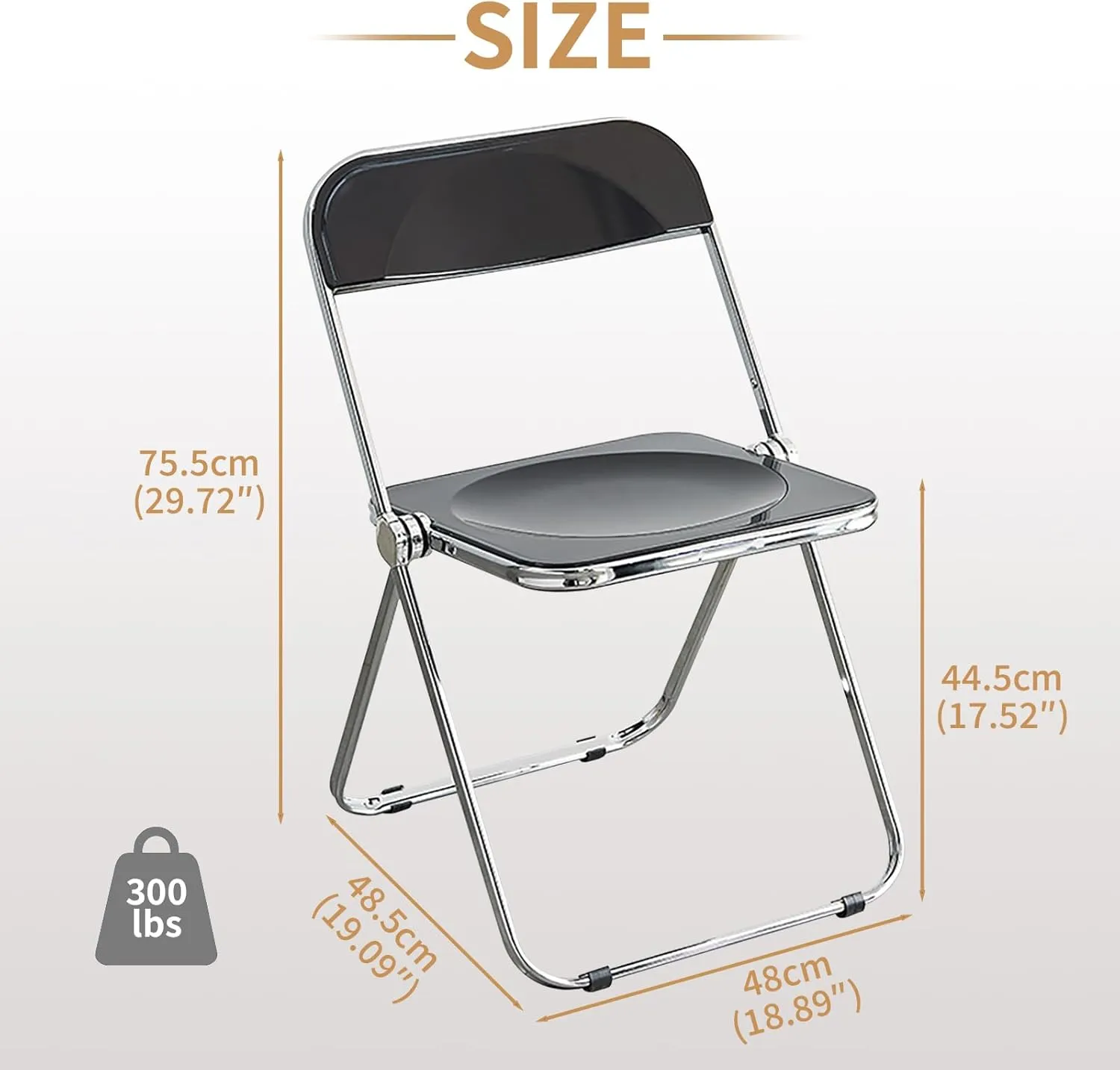KAIHAOWIN Luxury Modern Acrylic Folding Chair-Ghost Stackable Crystal Folding Chair-PC Plastic Living Room Seat-Chrome Frame and Foldable Acrylic Chair for Outside Inside-Black.
