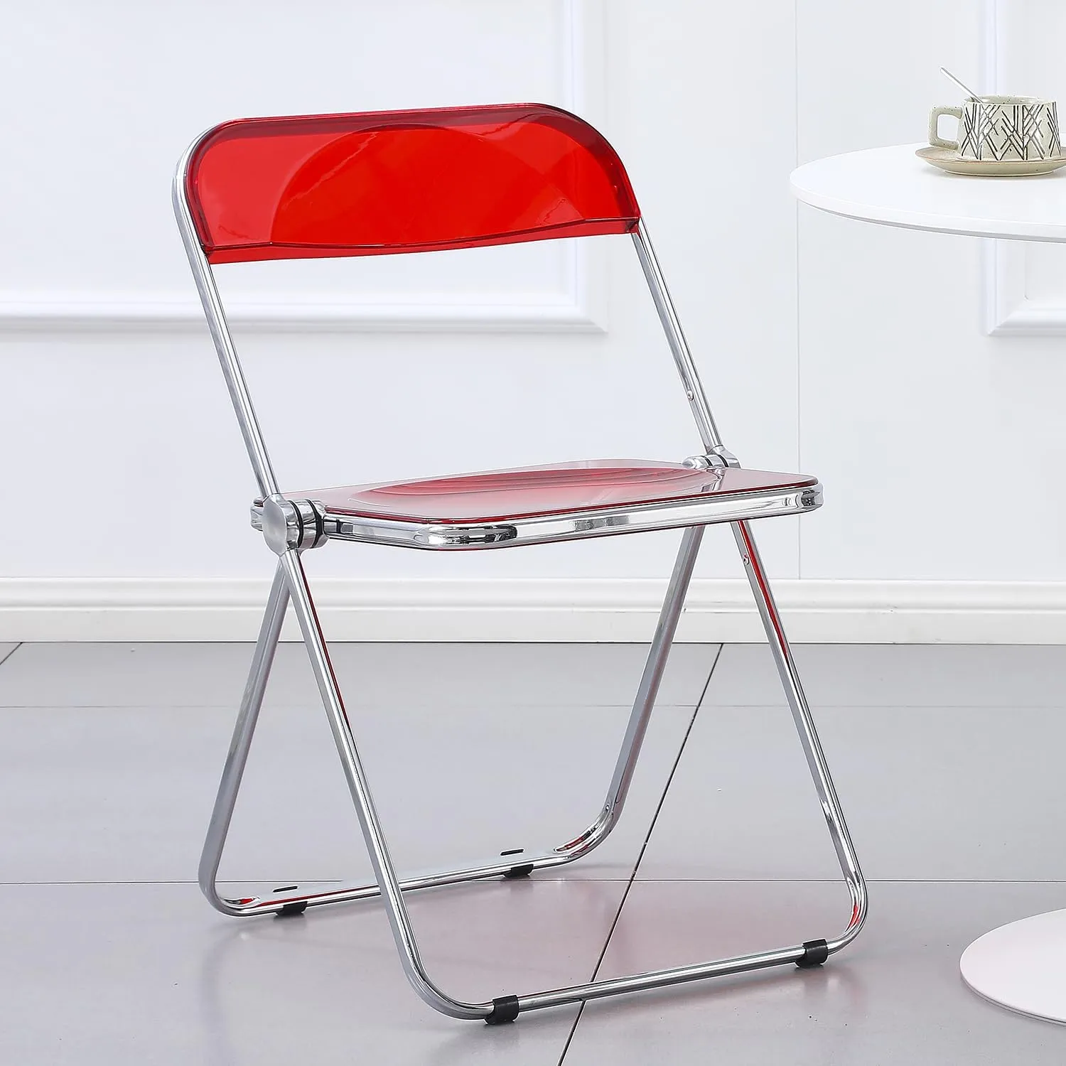KAIHAOWIN Luxury Modern Acrylic Folding Chair Transparent Chairs-Ghost Stackable Crystal Folding Chair-PC Plastic Living Room Seat-Chrome Frame and Foldable Acrylic Chair for Inside-Red