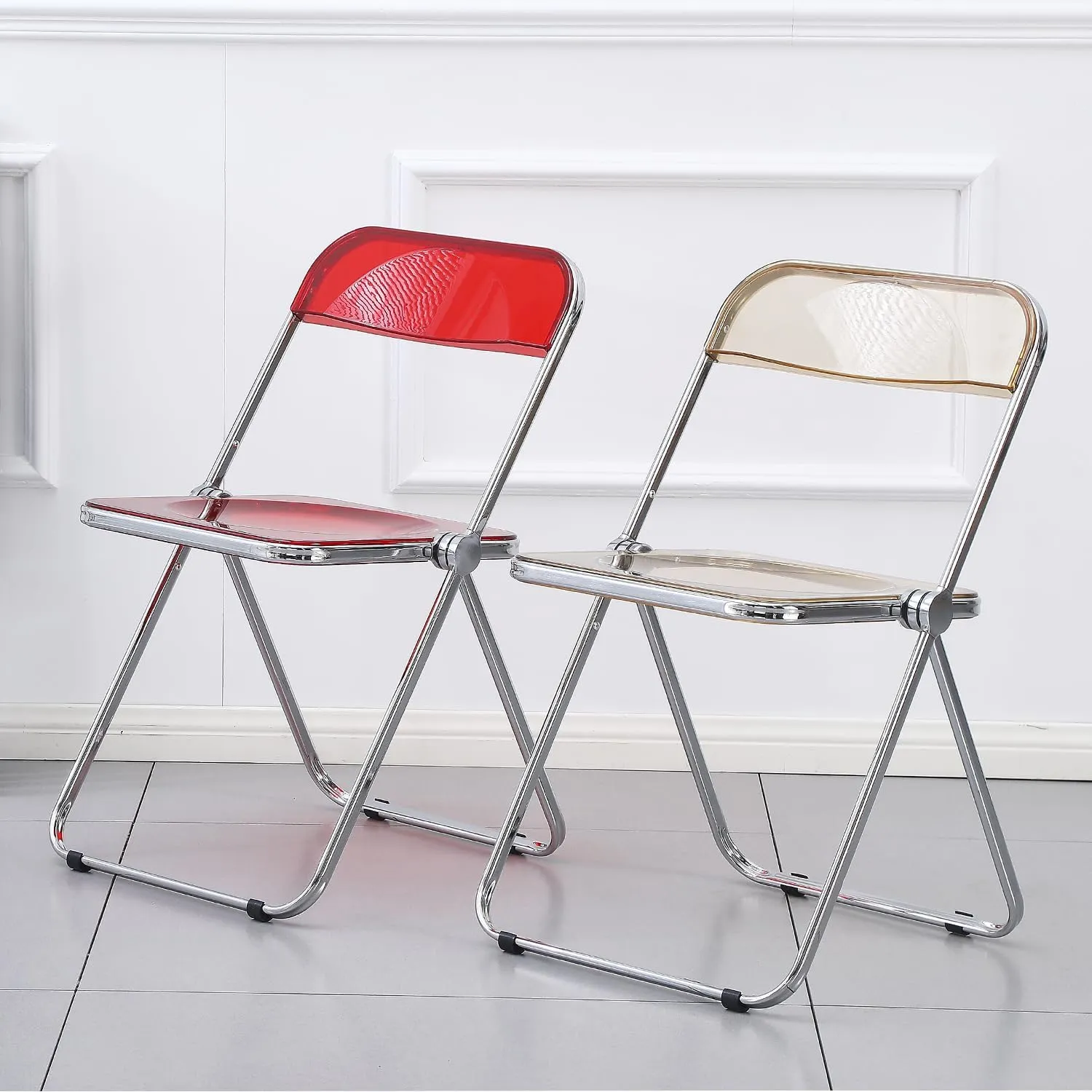 KAIHAOWIN Luxury Modern Acrylic Folding Chair Transparent Chairs-Ghost Stackable Crystal Folding Chair-PC Plastic Living Room Seat-Chrome Frame and Foldable Acrylic Chair for Inside-Red