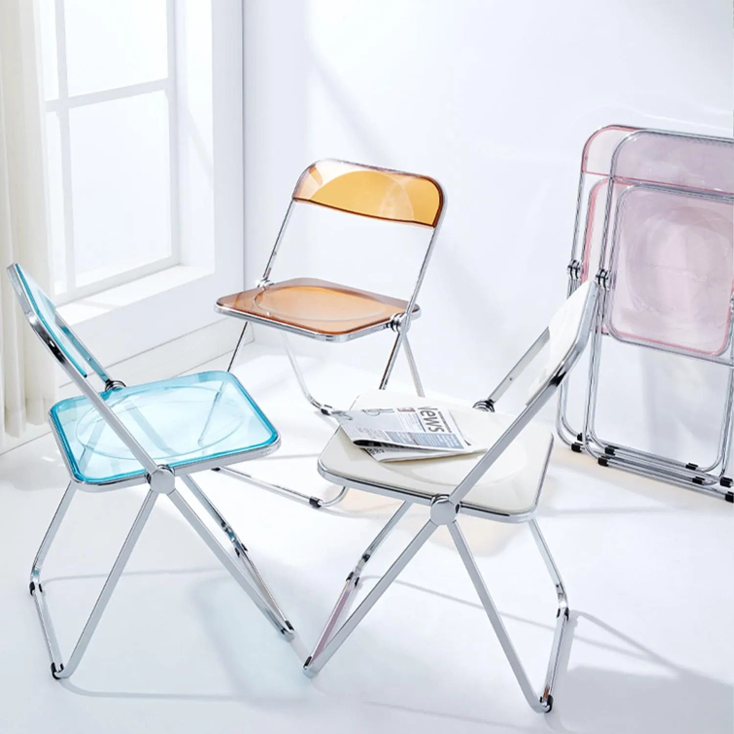 KAIHAOWIN Luxury Modern Acrylic Folding Chair Transparent Chairs-Ghost Stackable Crystal Folding Chair-PC Plastic Living Room Seat-Chrome Frame and Foldable Acrylic Chair for Outside Inside-Green