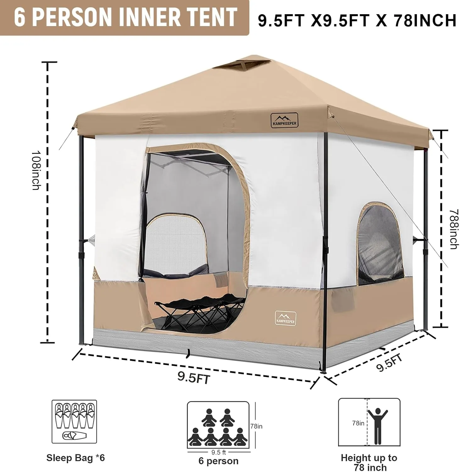 KAMPKEEPER 6 Person Camping Tent, 10x10 Pop Up Canopy Tent with Camping Inner Tent, Converts 10'x10' Straight Leg Canopy into Camping Tent–Fully Vented Roof(Canopy & Frame Included)