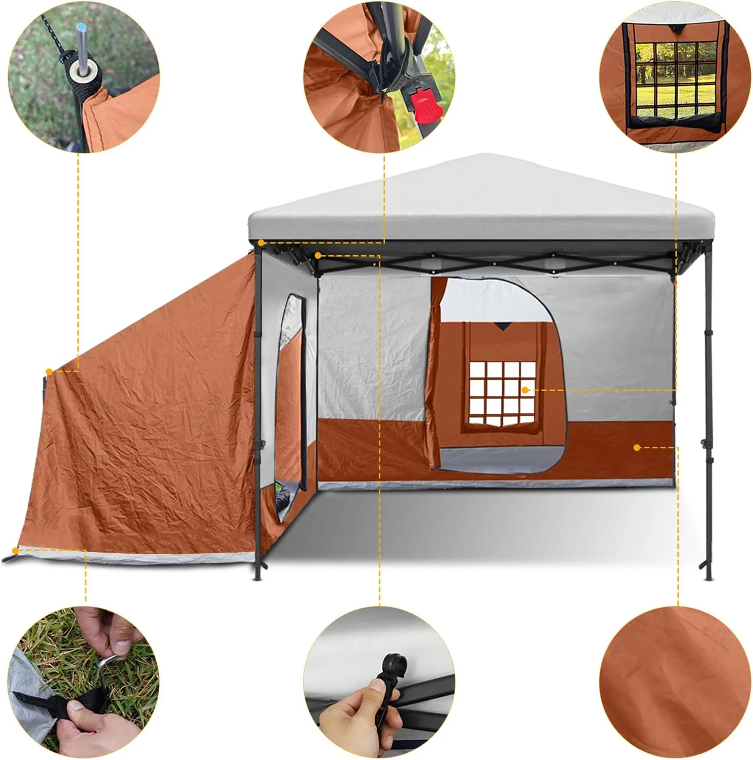 KAMPKEEPER Side Tent,Camping Tent for 10' x 10' Pop Up Canopy, Easy Set Up Gazebo,Compatible with 10' Wide Canopy Tents (Orange)
