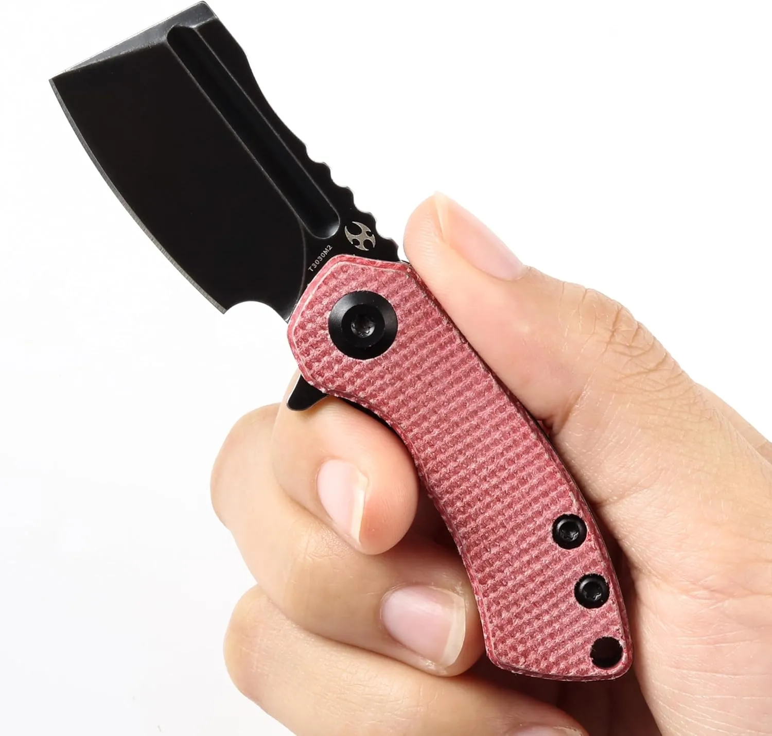 KANSEPT Knives Mini Korvid Cleaver Mini Pocket Knife for Men 1.45'' Black Stonewashed 154CM Blade,Red Canvas Micarta Handle,EDC Folding Knife T3030M2