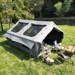 KEIKI 9.8x13ft Inflatable Camping Tent with Hand Pump, 4-Season Oxford Cabin Tent for 7-8 People, Mesh Windows & Chimney, Easy Setup, Waterproof & Windproof
