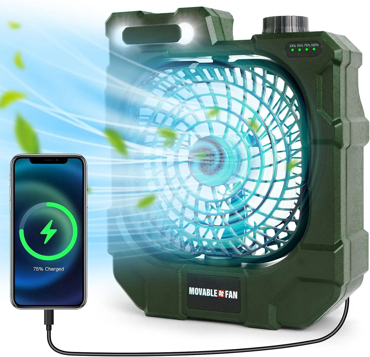 kejector Portable Rechargeable Camping Fan - Battery Operated Oscillating Fan Outdoor Travel Cordless Misting Fans with LED Lantern, USB Ports, Summer Personal Cooling Desk Fans for Tent (Green)