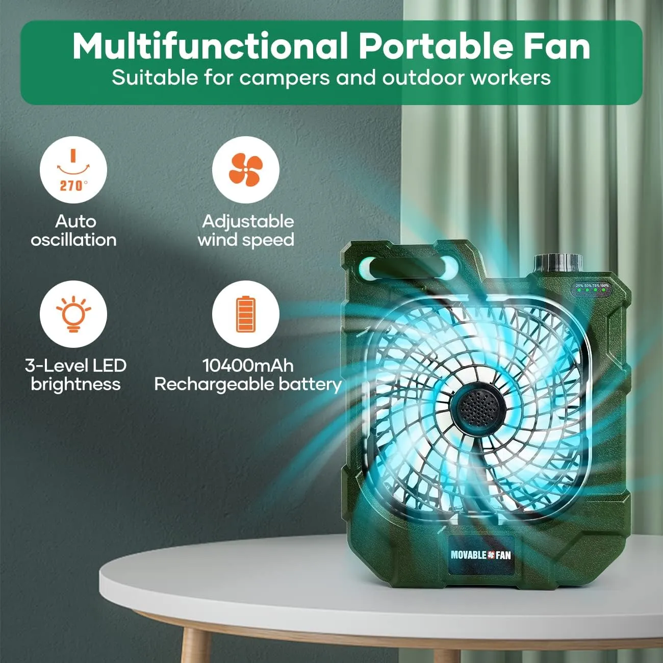 kejector Portable Rechargeable Camping Fan - Battery Operated Oscillating Fan Outdoor Travel Cordless Misting Fans with LED Lantern, USB Ports, Summer Personal Cooling Desk Fans for Tent (Green)