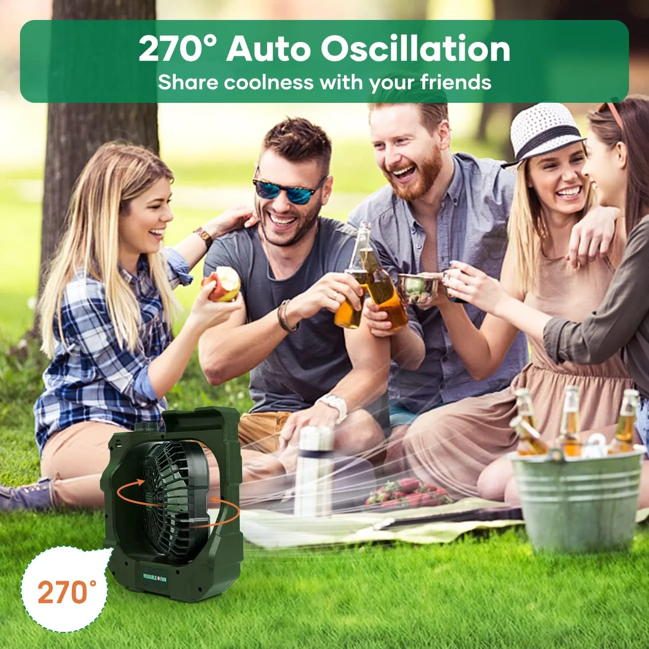 kejector Portable Rechargeable Camping Fan - Battery Operated Oscillating Fan Outdoor Travel Cordless Misting Fans with LED Lantern, USB Ports, Summer Personal Cooling Desk Fans for Tent (Green)