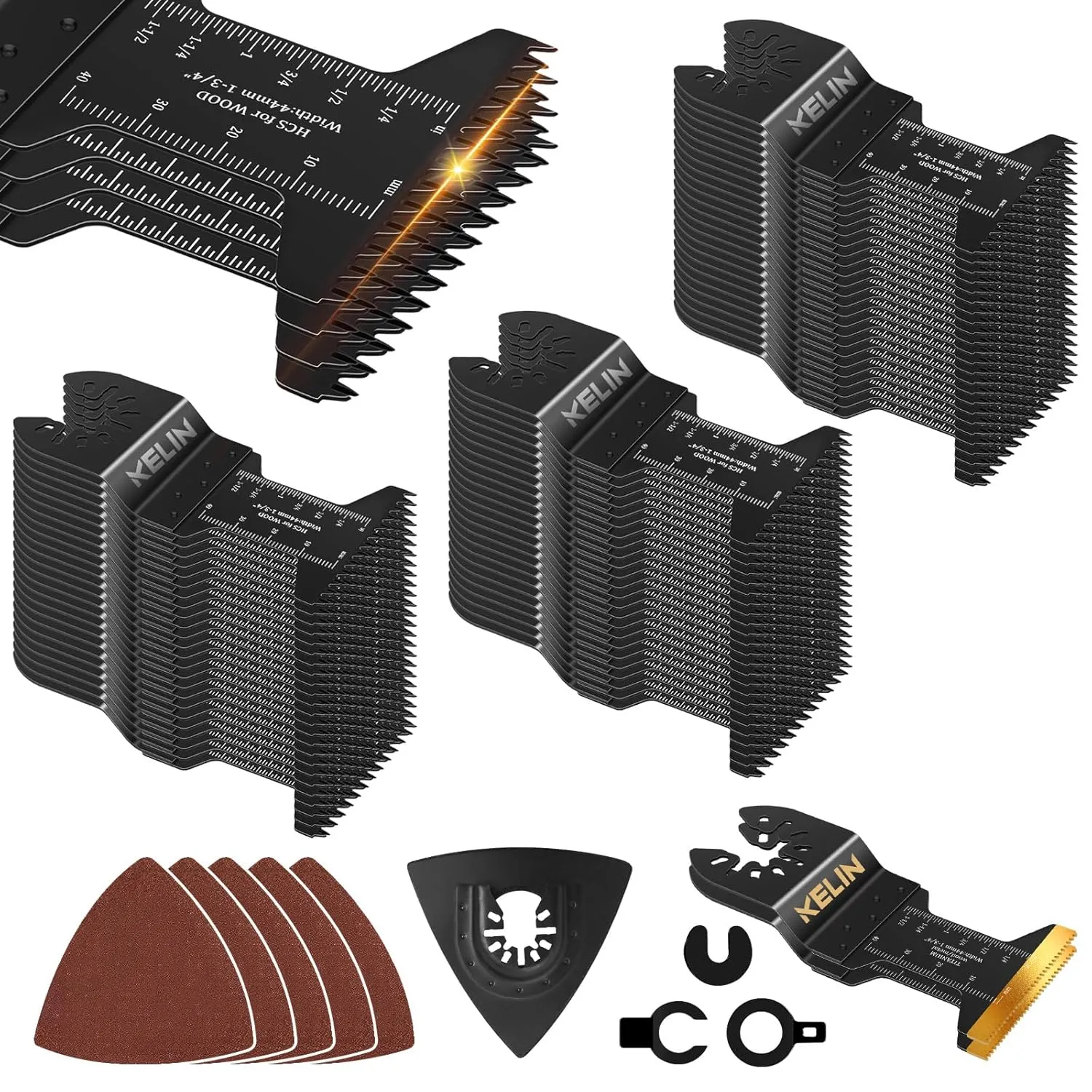 KELIN 78pcs Oscillating Tool Blade with Japanese Long Teeth for Wood, High Efficient Multitool Blades, Universal Quick Release Oscillating Saw Blades with Extra 2 Titanium Blades and Sanding Pad
