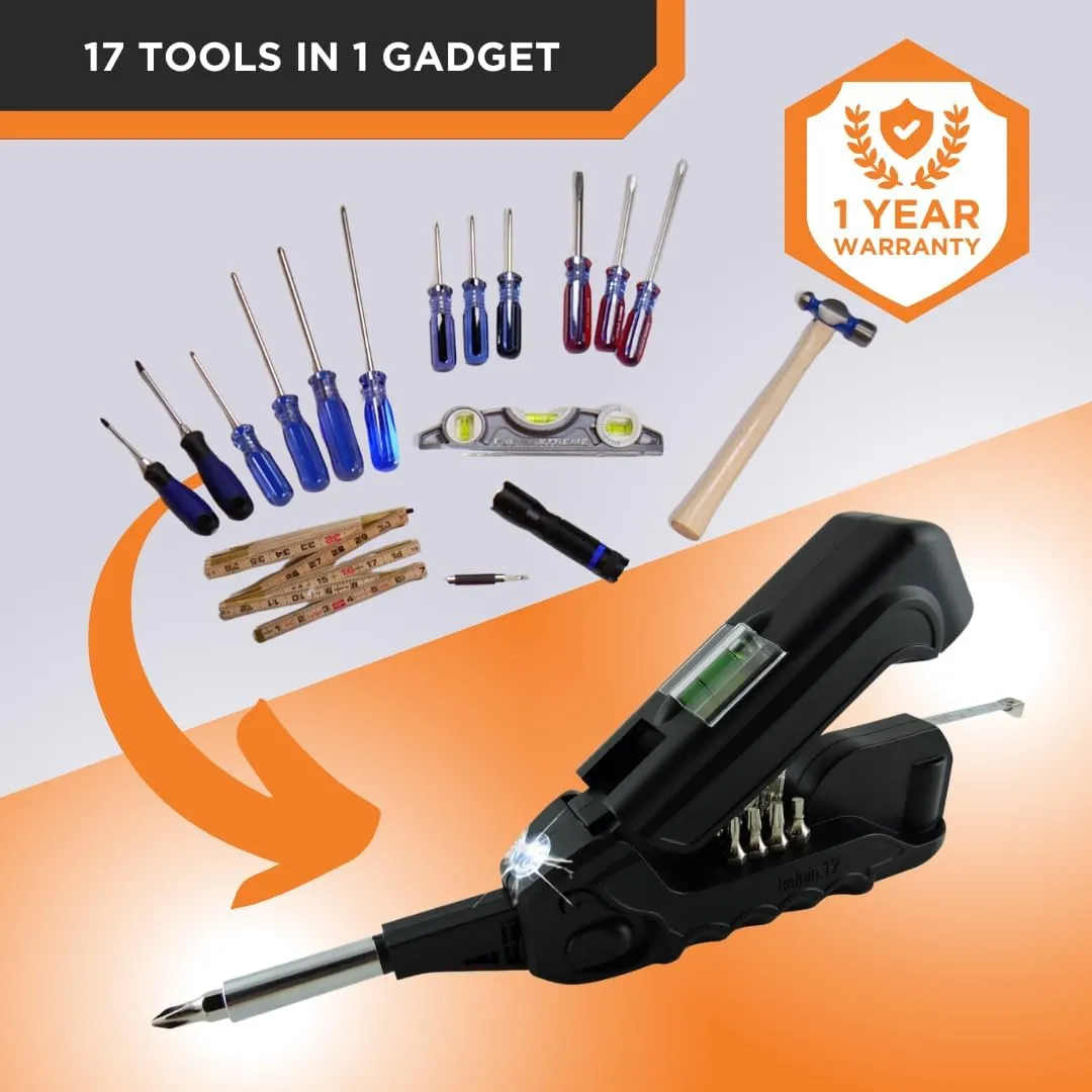 Kelvin Tools - Kelvin 17 Urban Screwdriver Set, All in One Everyday Multitool Screwdriver, Multi-Tip, Compact & Universal Precision, 13 Bit Set with Tape Measure, Liquid Level, Hammer and Flashlight