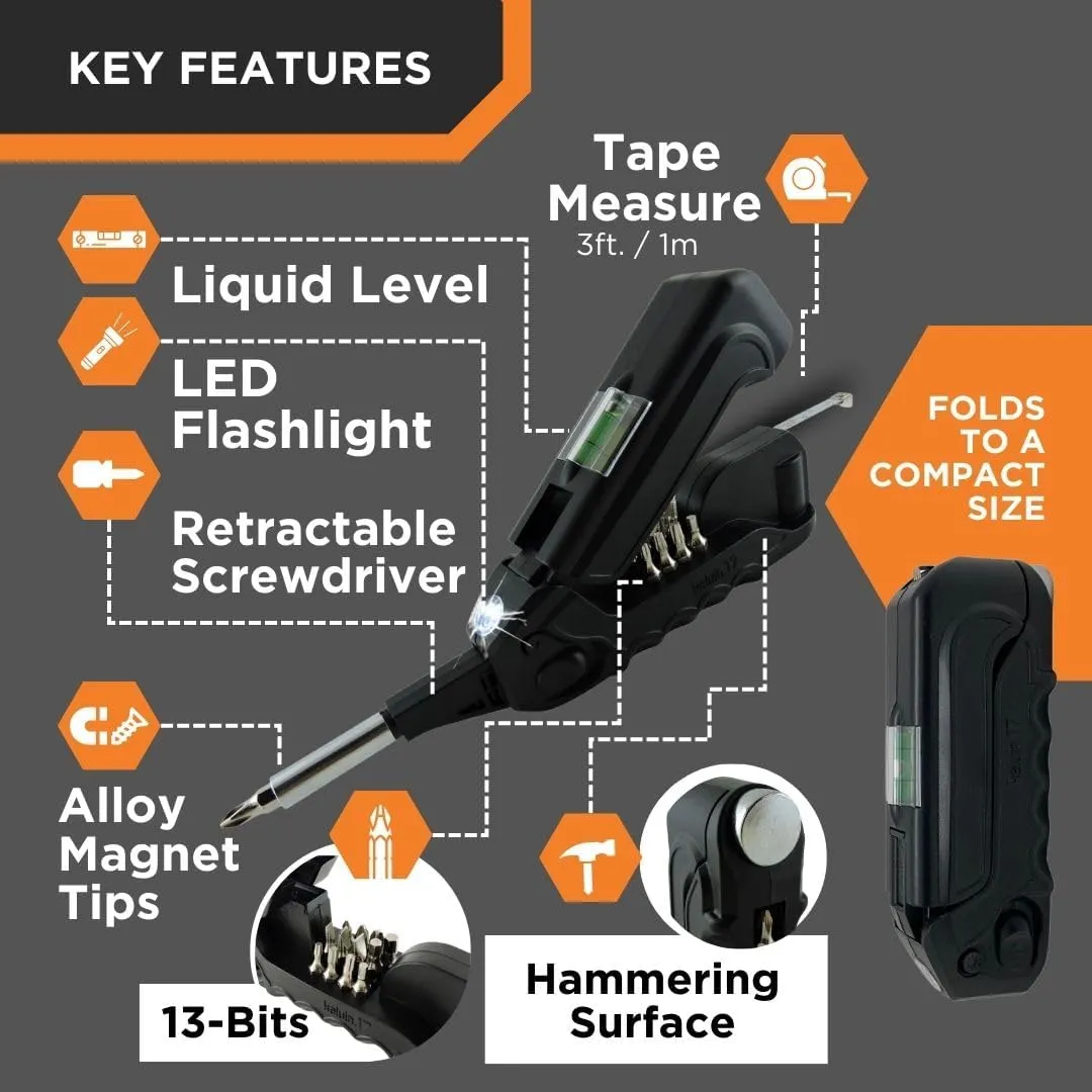 Kelvin Tools - Kelvin 17 Urban Screwdriver Set, All in One Everyday Multitool Screwdriver, Multi-Tip, Compact & Universal Precision, 13 Bit Set with Tape Measure, Liquid Level, Hammer and Flashlight