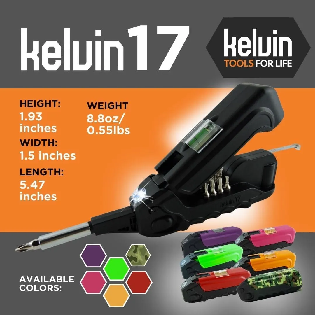 Kelvin Tools - Kelvin 17 Urban Screwdriver Set, All in One Everyday Multitool Screwdriver, Multi-Tip, Compact & Universal Precision, 13 Bit Set with Tape Measure, Liquid Level, Hammer and Flashlight
