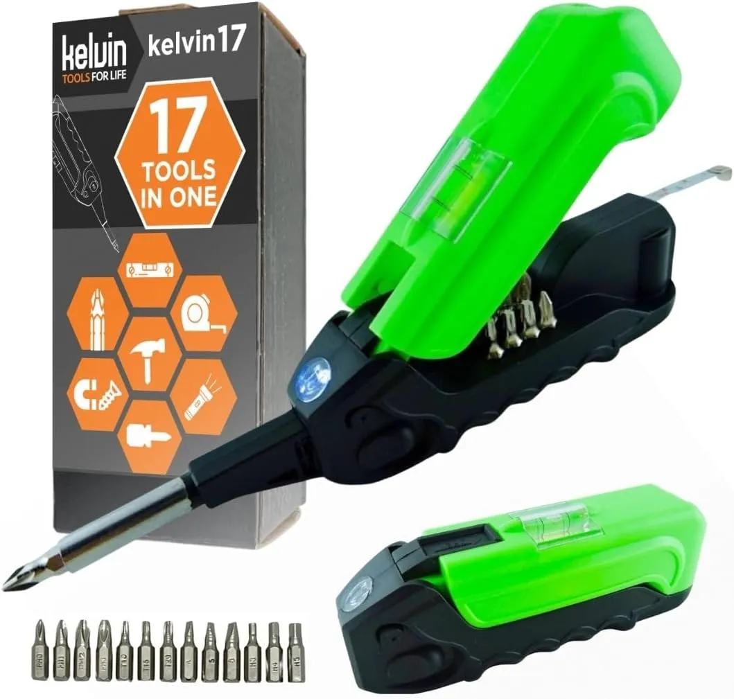 Kelvin Tools - Kelvin 17 Urban Screwdriver Set, All in One Everyday Multitool Screwdriver, Multi-Tip, Compact & Universal Precision, 13 Bit Set with Tape Measure, Liquid Level, Hammer and Flashlight